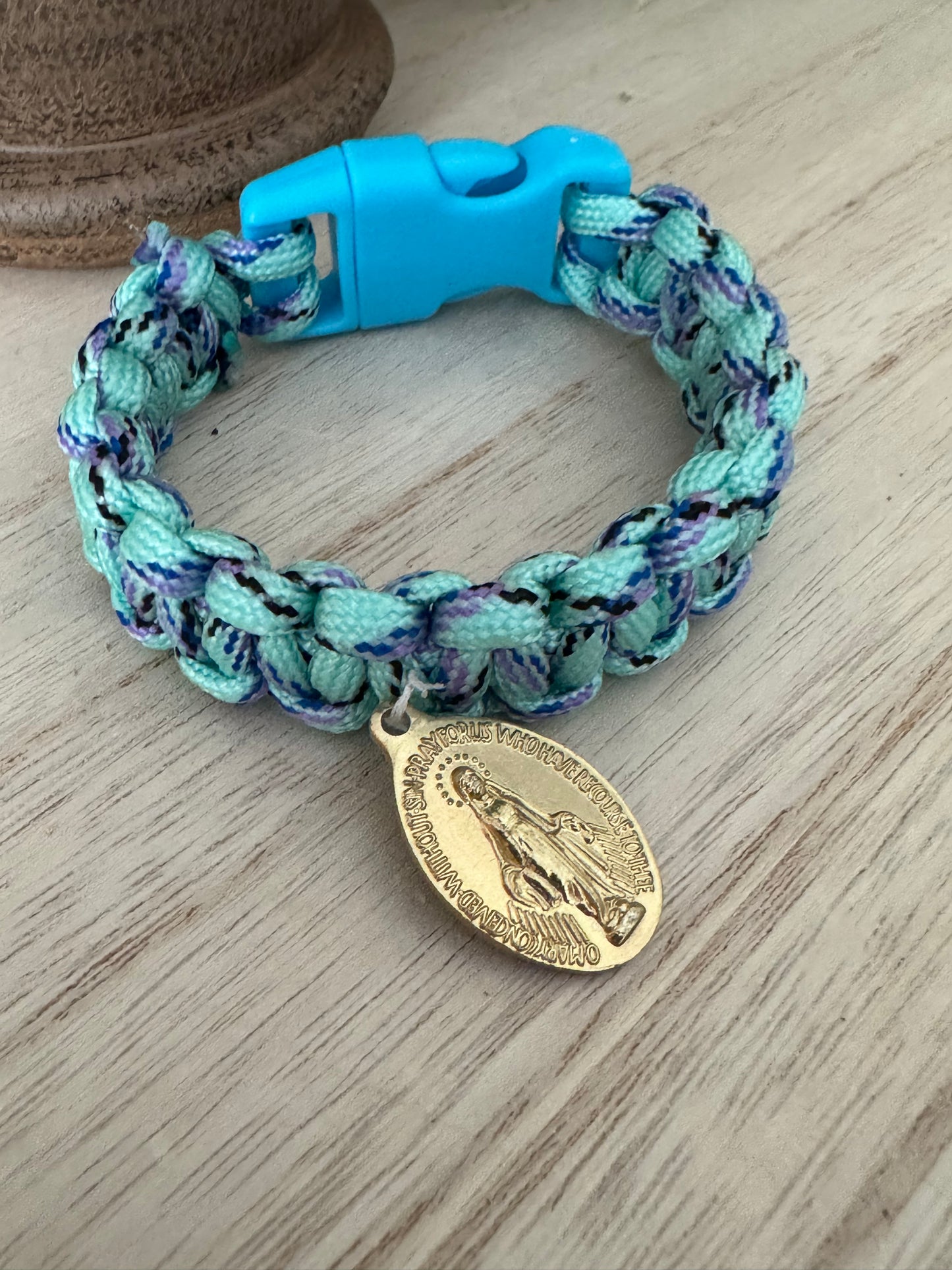 Handmade Blue Paracord Bracelet with Gold-Tone Miraculous Medal – 8"