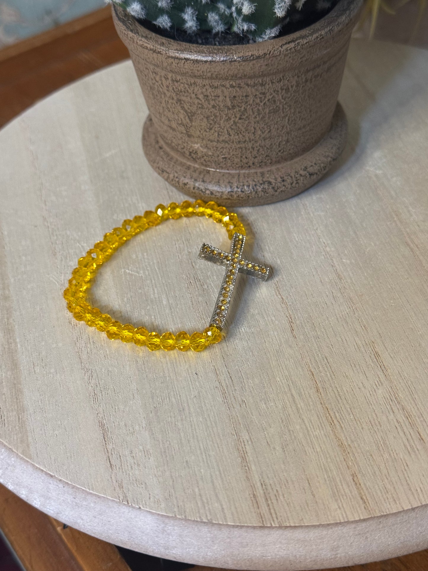 Sunlit Faith Stretch Bracelet – Yellow Crystal Beads with Rhinestone Cross