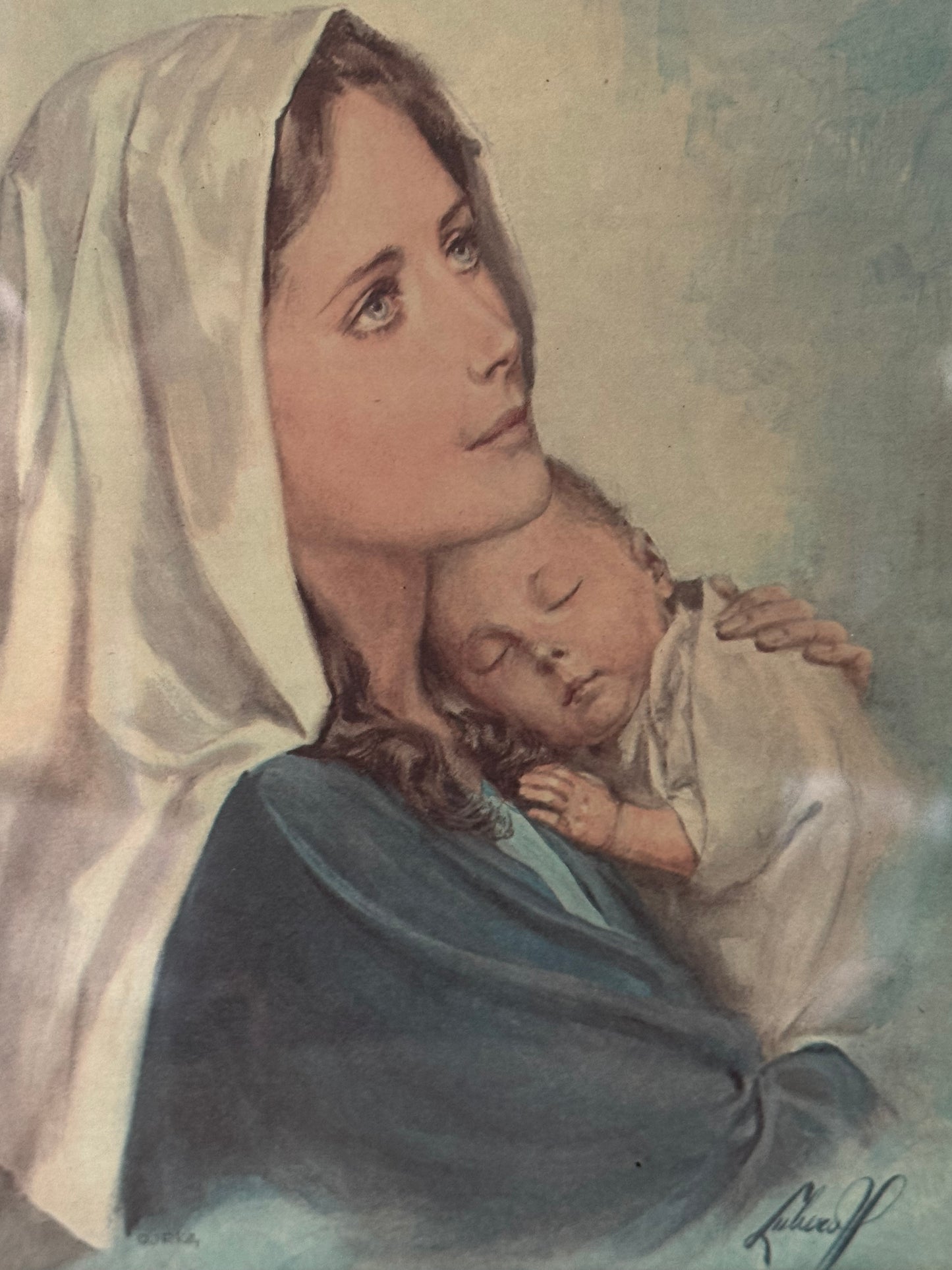 Vintage Portrait of the Virgin Mary Holding the Sleeping Baby Jesus – 11" x 10"