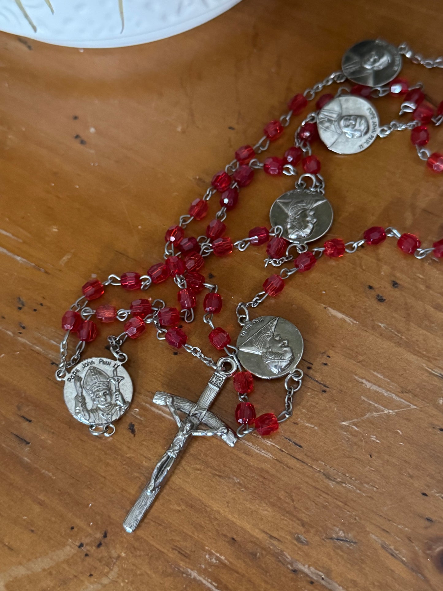 Red Plastic Bead Rosary with Pope John Paul II Centerpiece