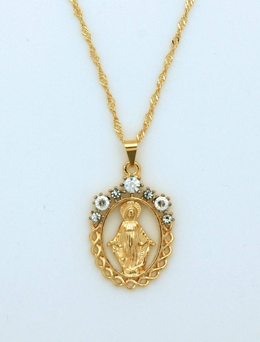 Gold Cutout Miraculous Medal Necklace with Crystals