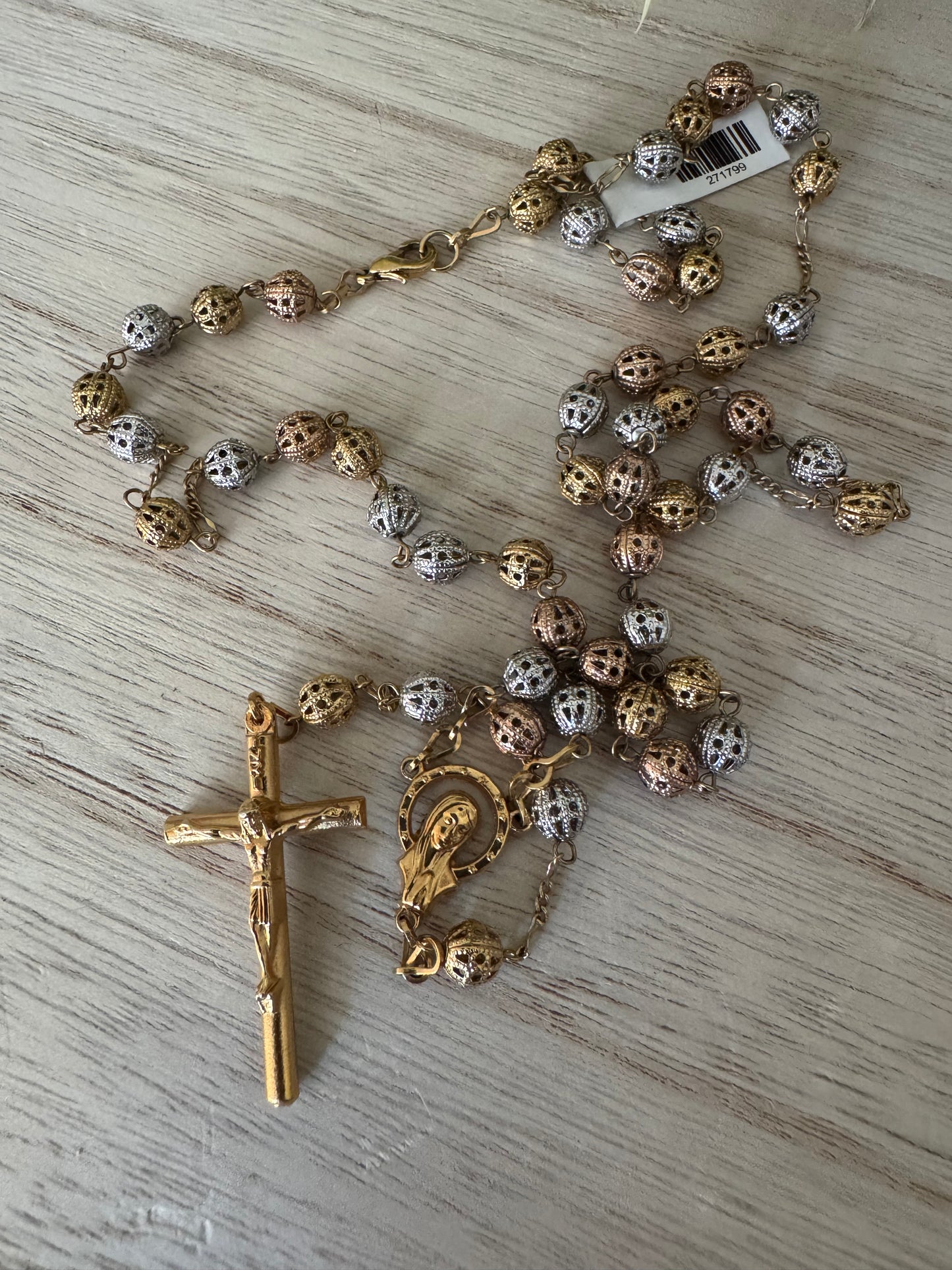 Delicate Silver & Gold Rosary – Textured Metal Beads