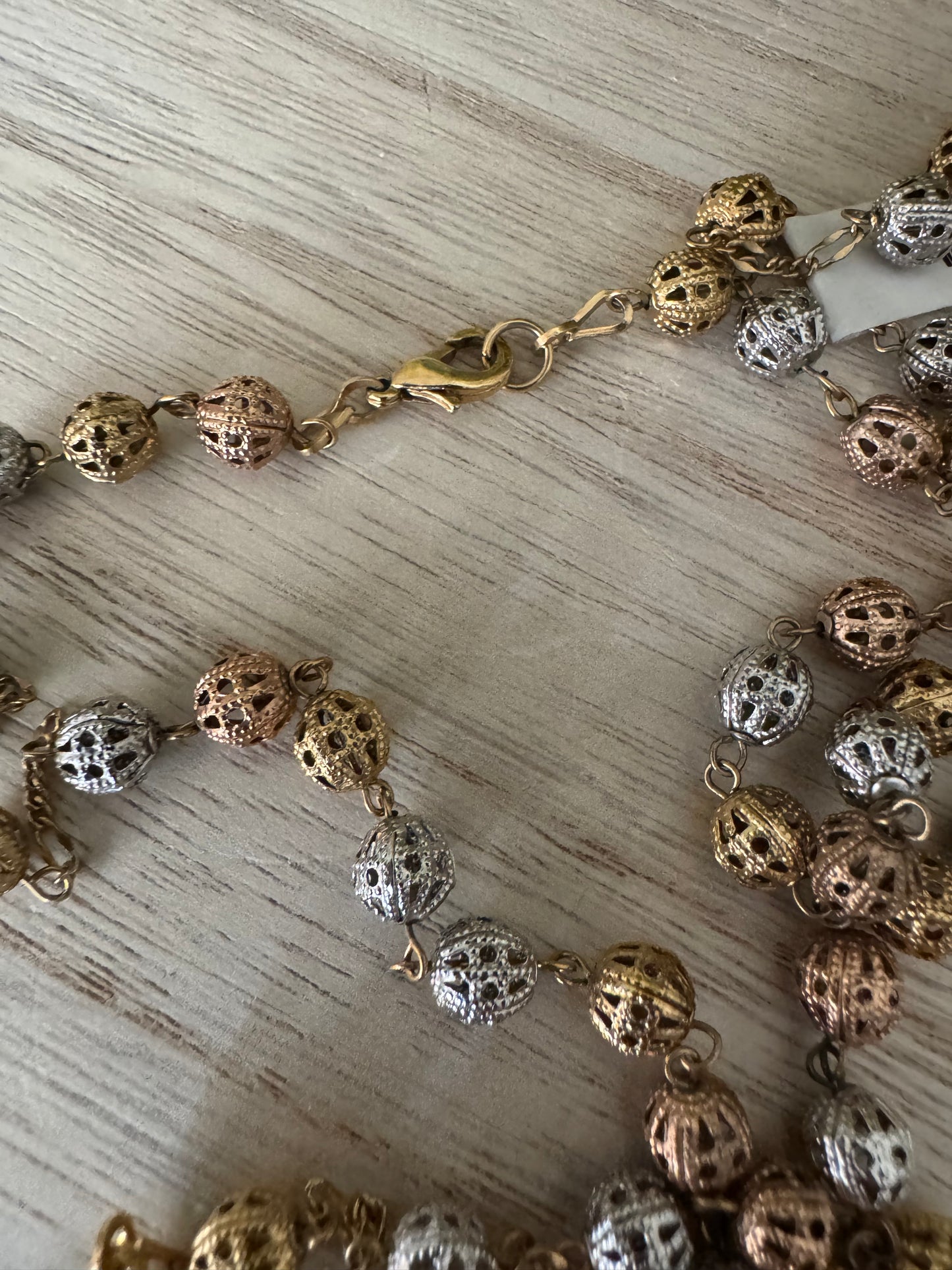Delicate Silver & Gold Rosary – Textured Metal Beads