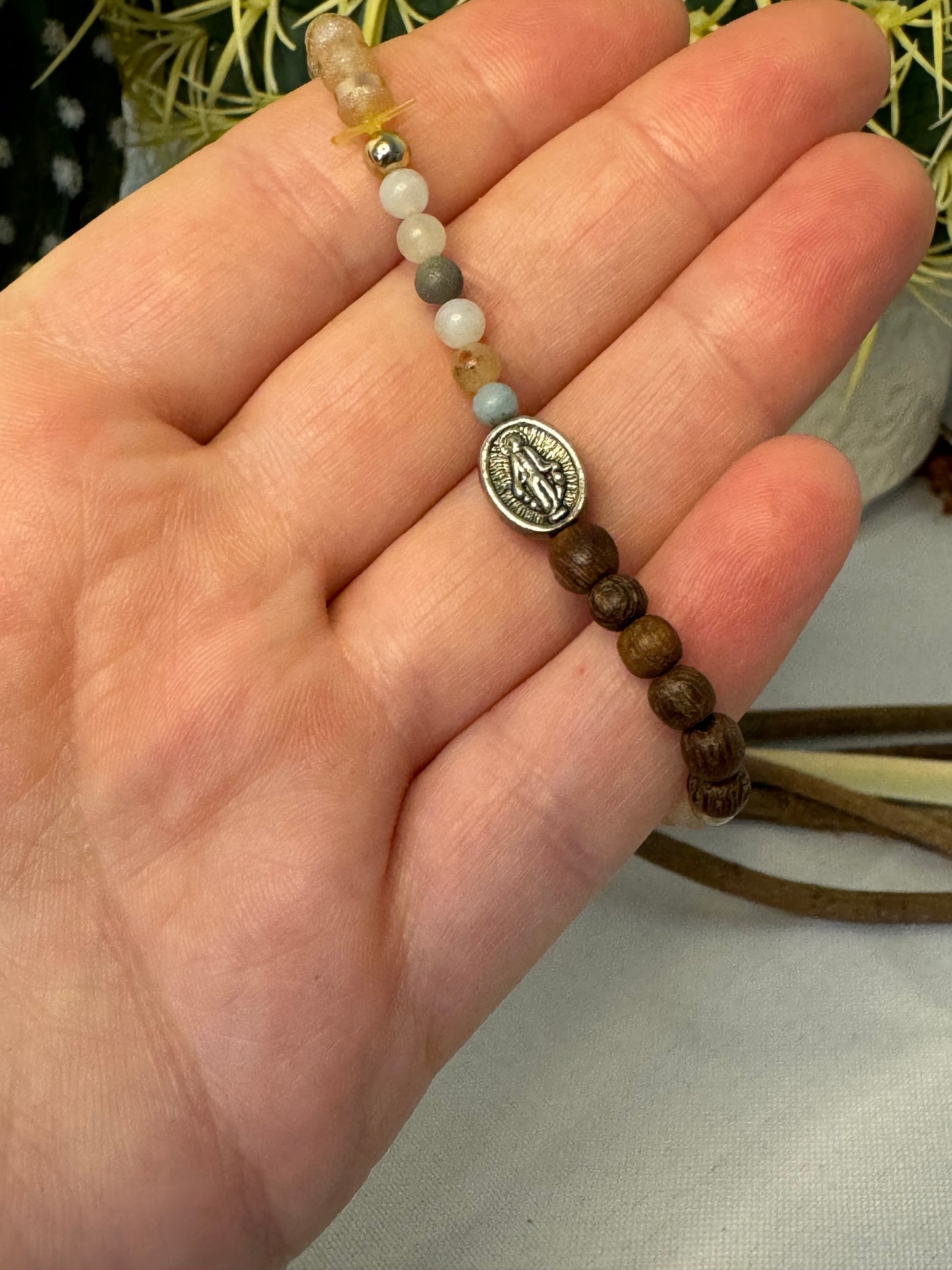 Multicolored, Wood Sparkel Miraculous Medal Strech Bracelet