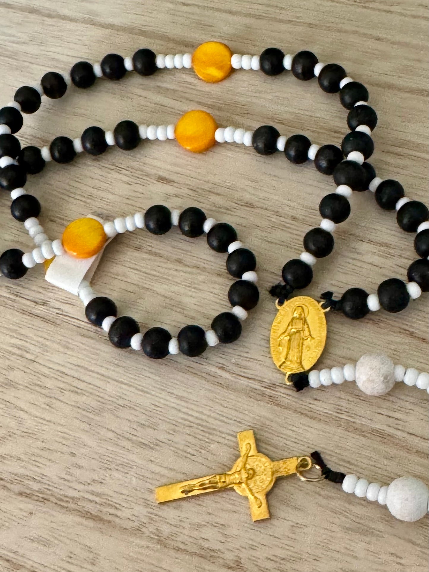 Handmade Black, White & Yellow Rosary – One-of-a-Kind Design!