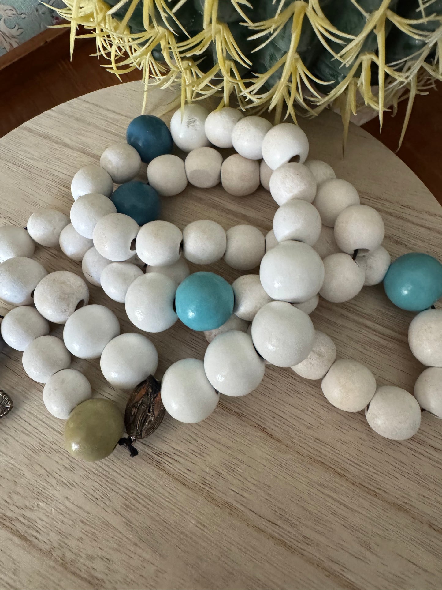 Chunky Wood Bead Rosary – White, Green & Blue | Handmade