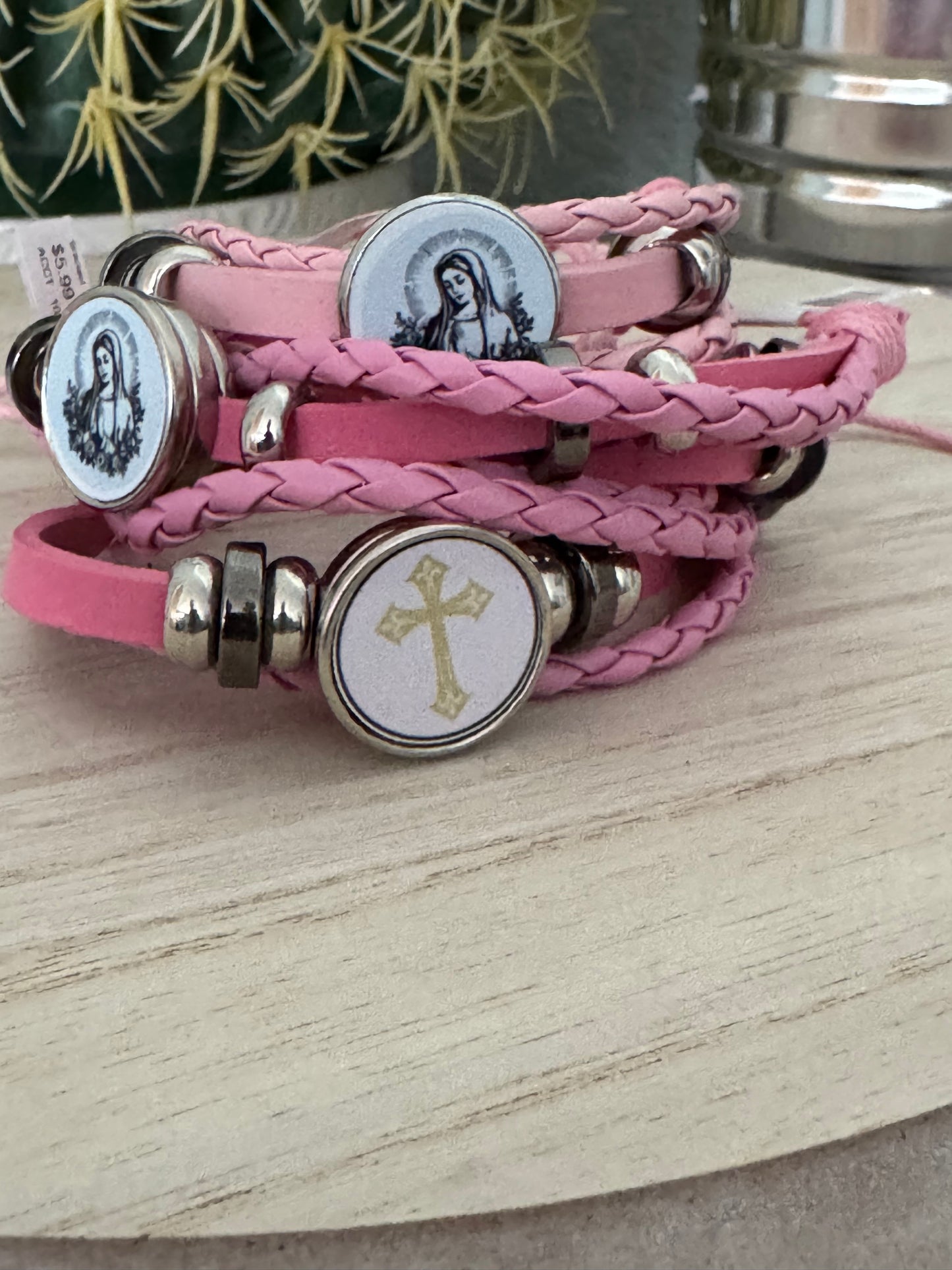 Faith-Inspired Braided Faux Leather Bracelet – Adjustable & Stylish - Pink