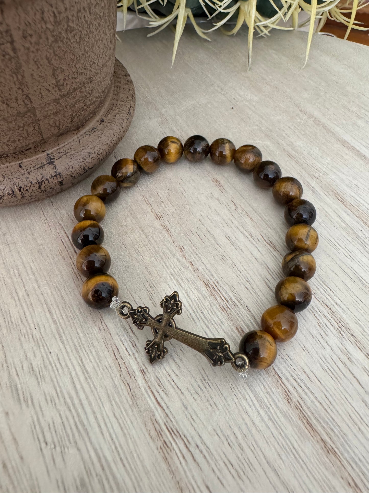 Brown Tiger Eye Beaded Bracelet with Bronze Cross