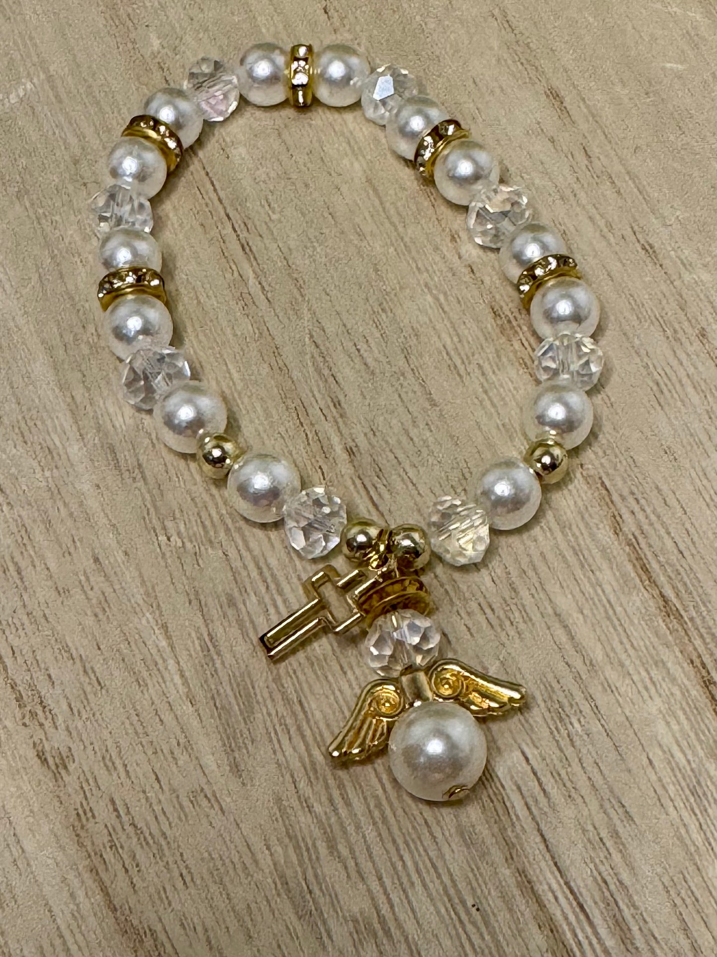 Blessed Moments Stretch Bracelet – White & Gold with Angel and Cross Charms