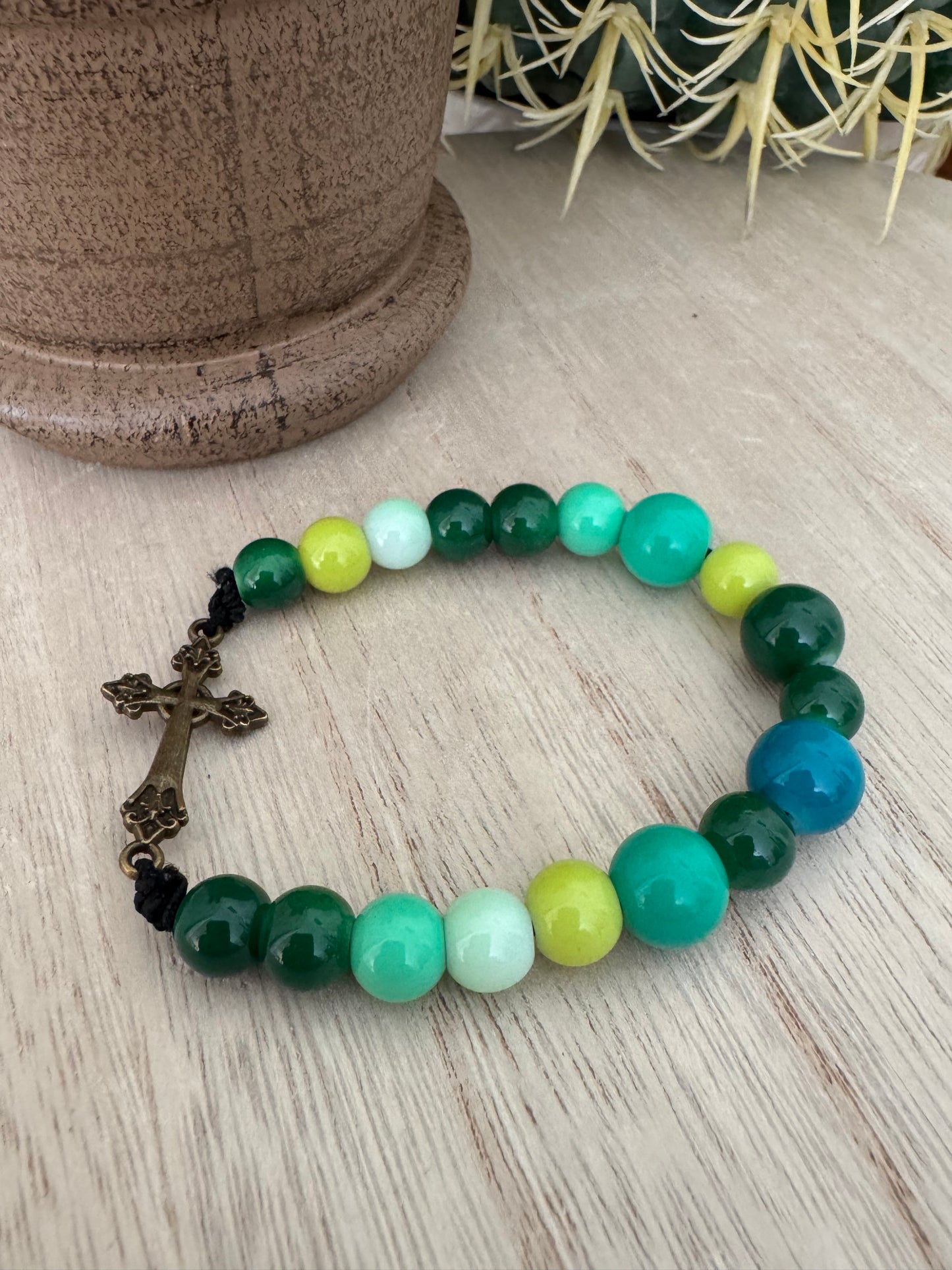 Fun & Funky Green & Blue Beaded Stretch Bracelet with Gold Cross – 7 Inches