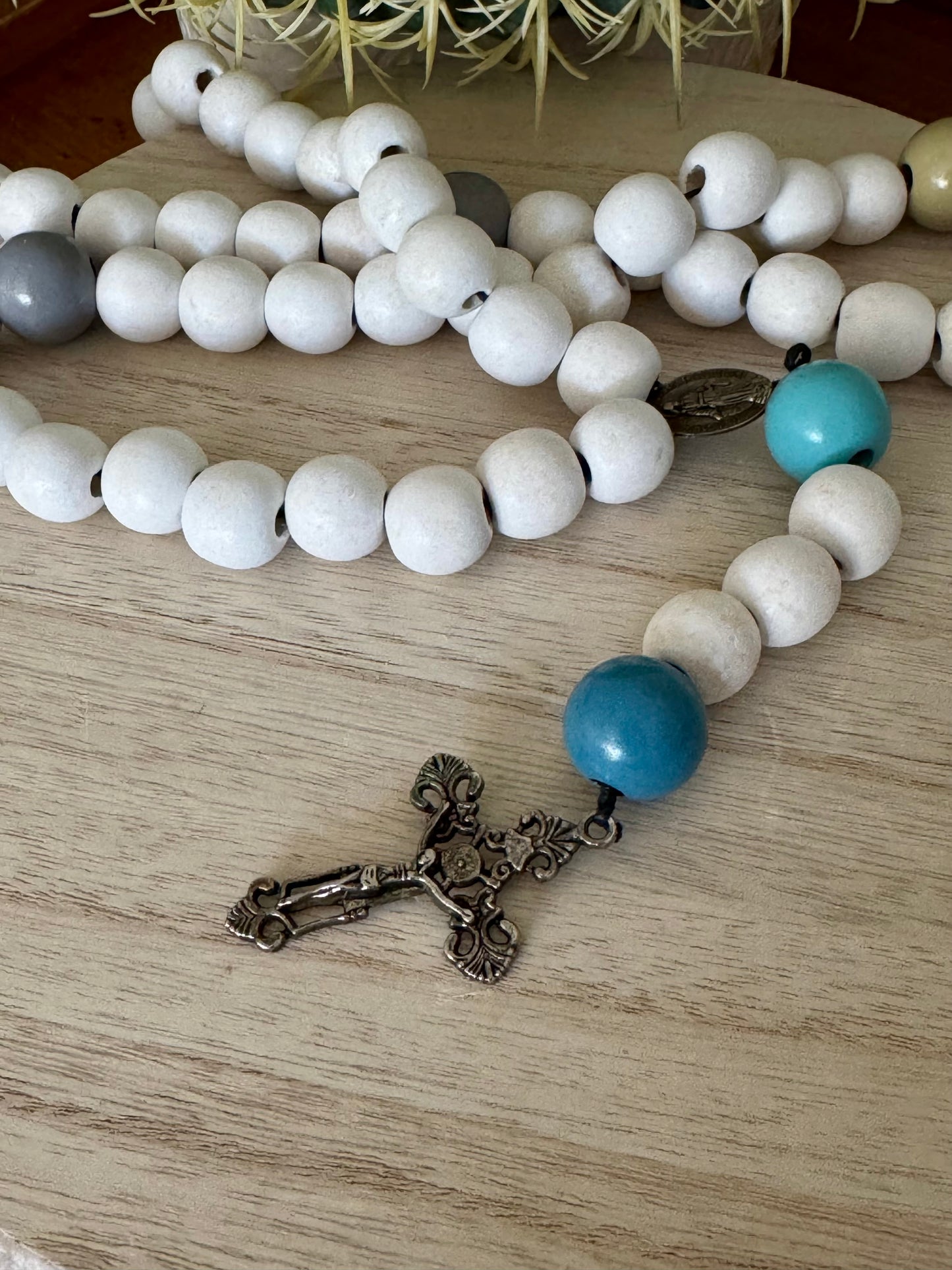 Chunky Handmade White Wood Bead Rosary – Decorative Blue, Grey & Green Accents | Heirloom Style