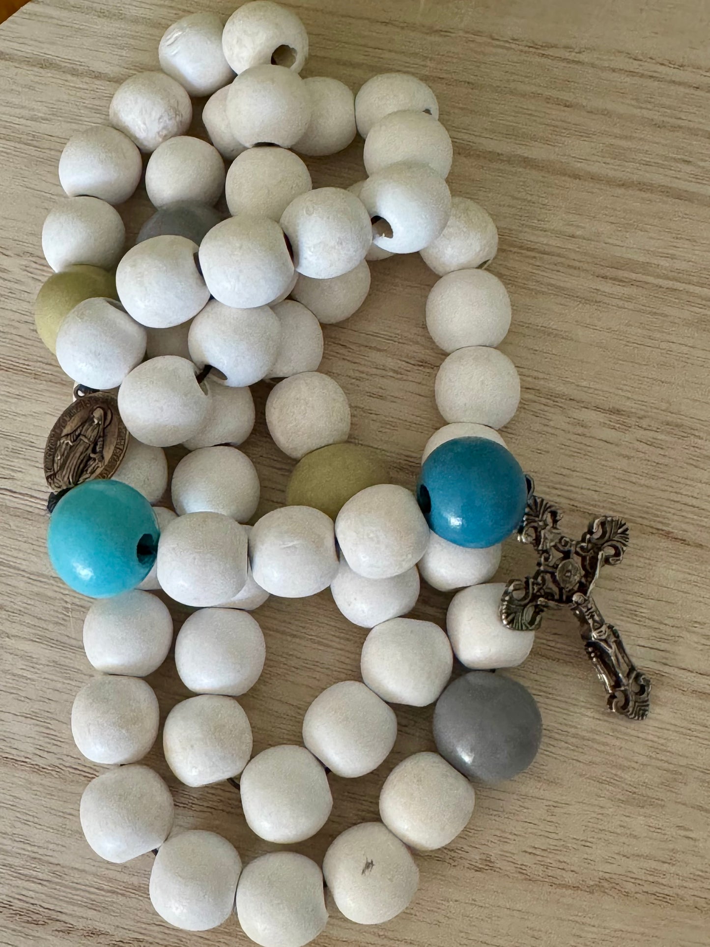 Chunky Handmade White Wood Bead Rosary – Decorative Blue, Grey & Green Accents | Heirloom Style