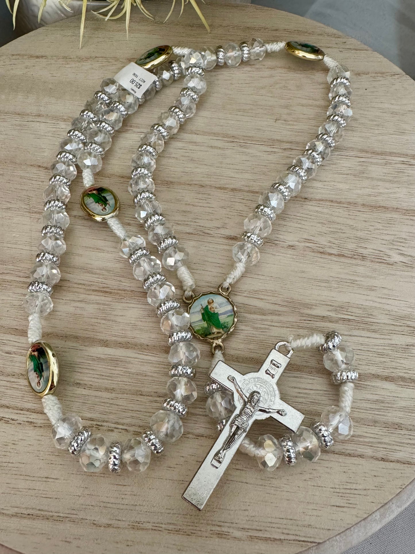 Clear Silver Crystal Rosary – St. Jude & St. Benedict