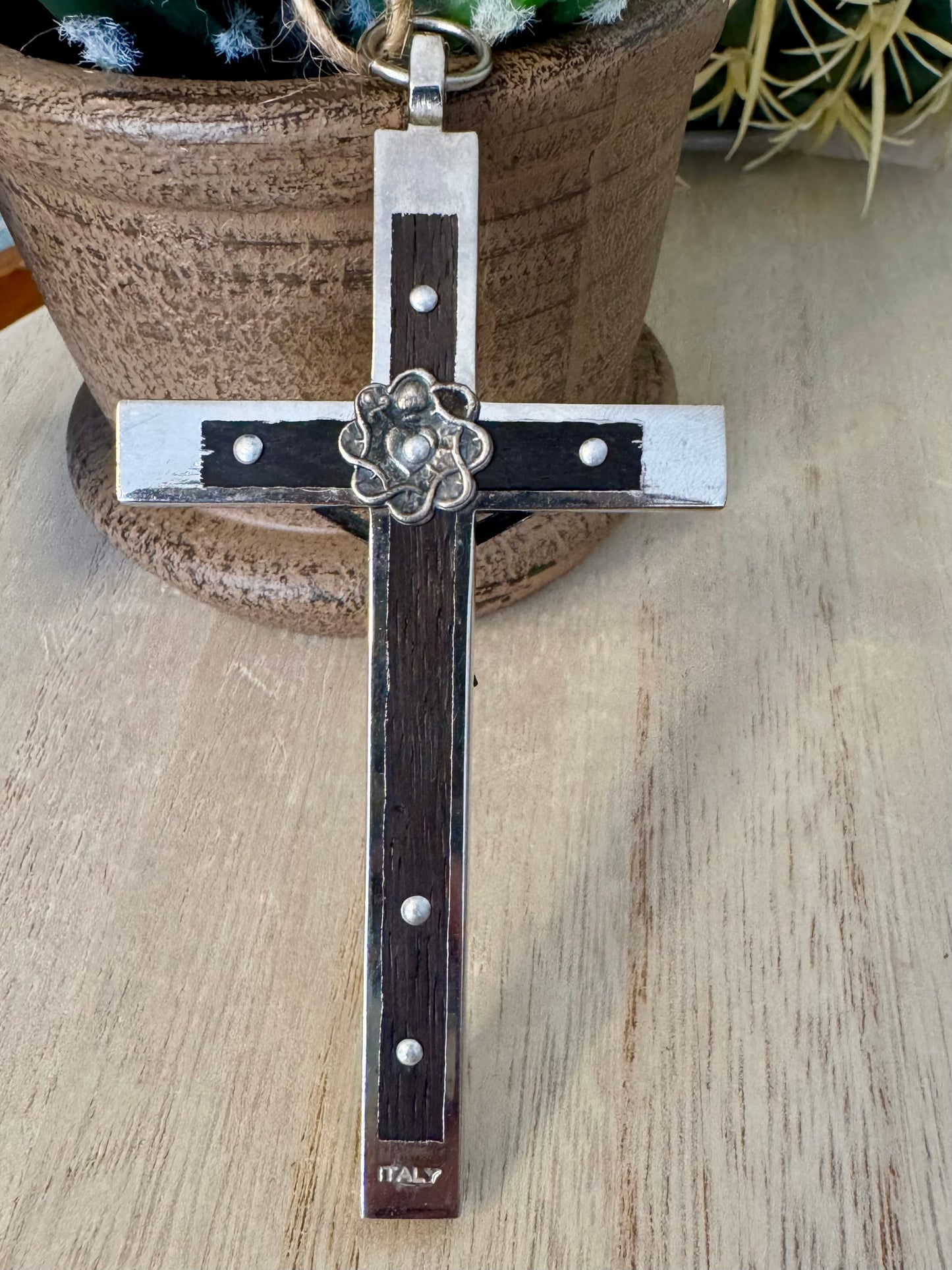 Vintage Black and Silver Crucifix – Made in Italy (3.5" x 2")