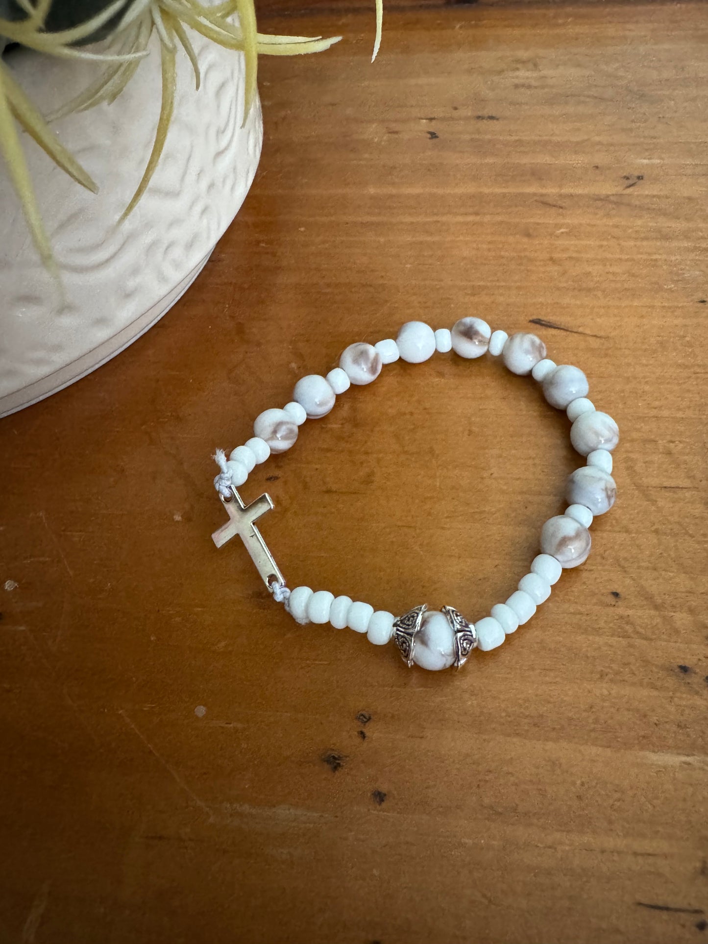 Handmade White Acrylic Rosary Bracelet with Silver Cross