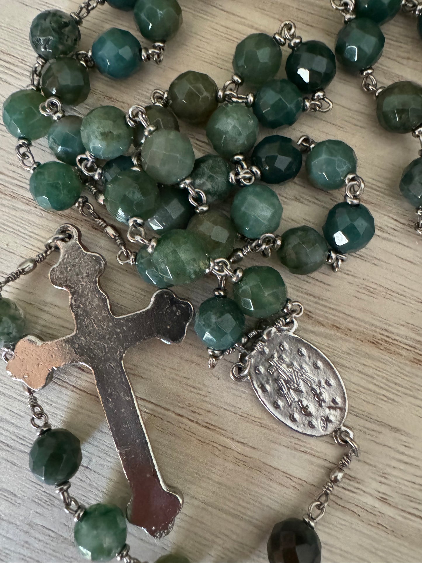 Green Catholic Rosary – Crystal-Like Beads | Silver Centerpiece & Crucifix