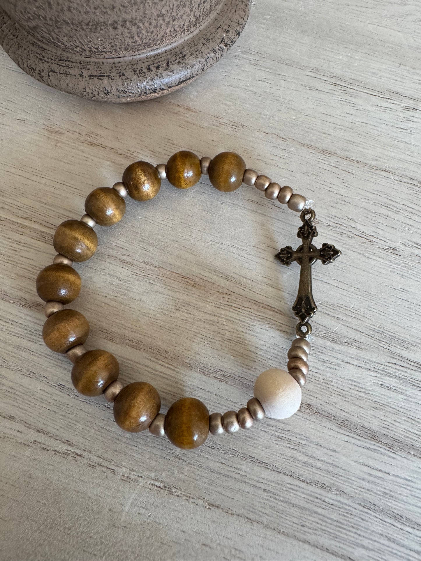 Natural and Dark Wood Rosary Bracelet with Bronze Small Cross
