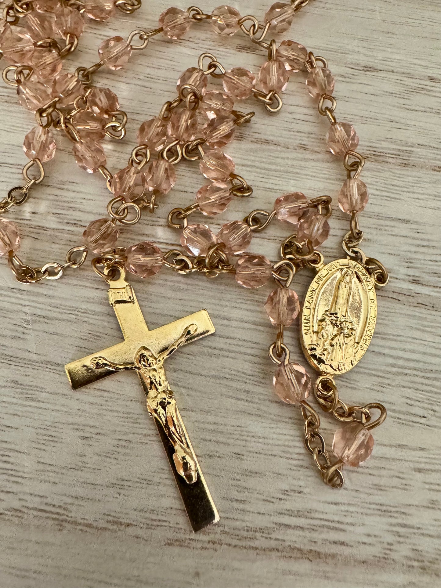Pink & Gold Catholic Rosary – Small Crystal-Like Beads | Chain Link Design