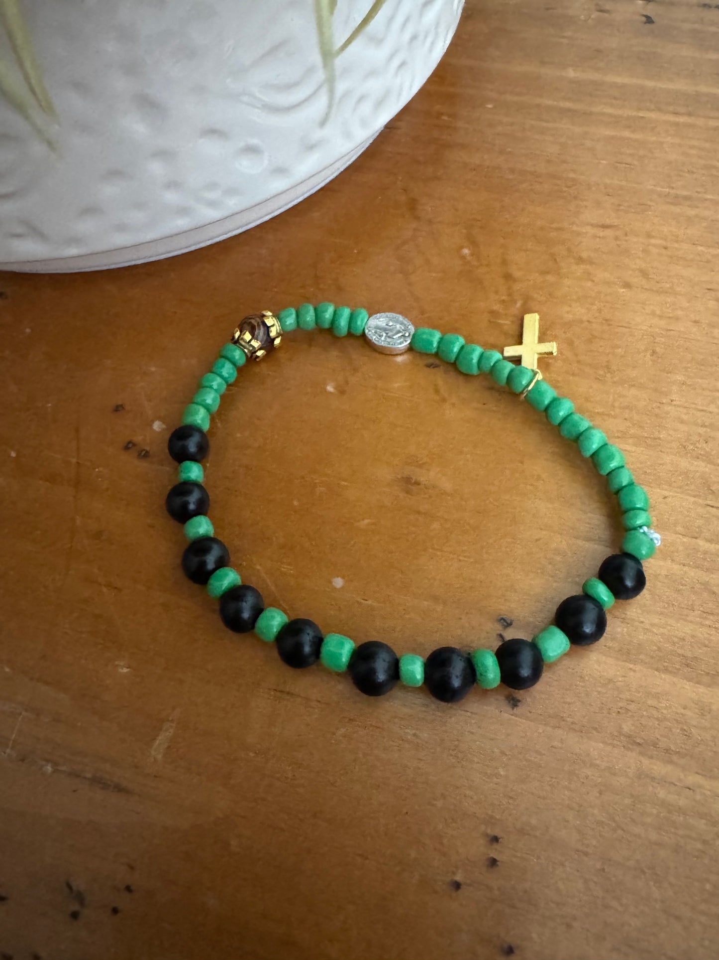 Handmade Black Wood Rosary Bracelet with Green Spacers & St. Benedict Medal