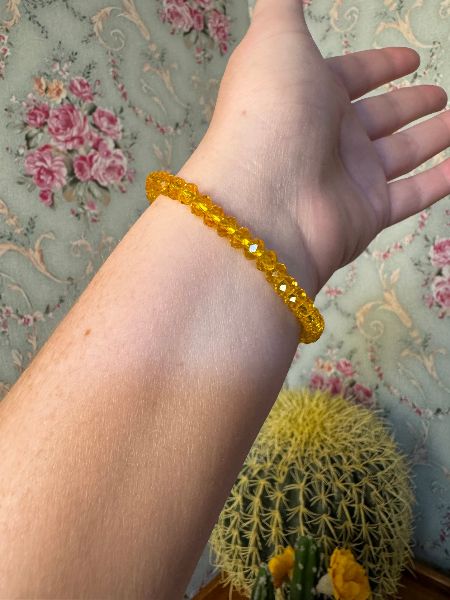 Sunlit Faith Stretch Bracelet – Yellow Crystal Beads with Rhinestone Cross