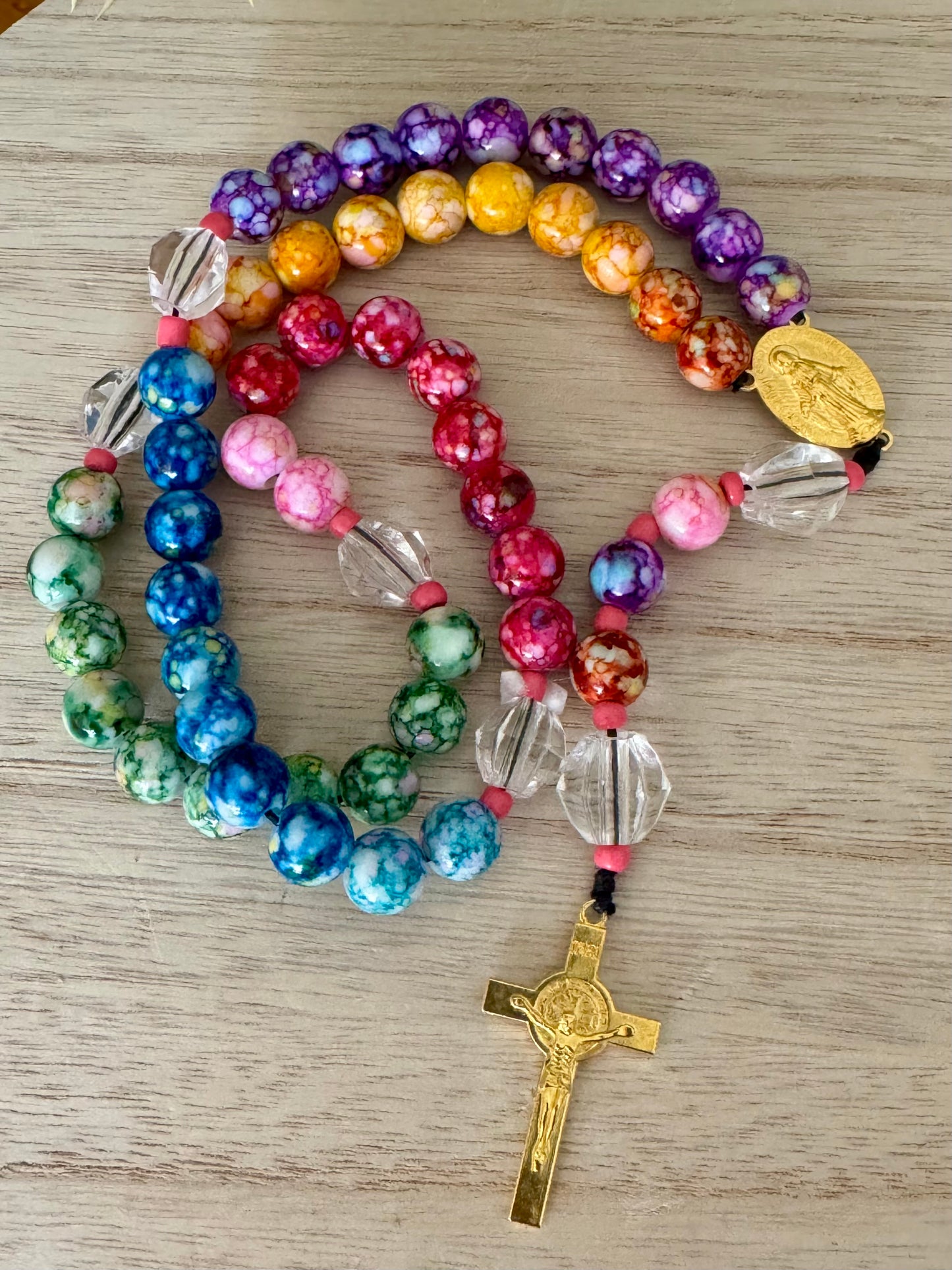 Handmade Multicolored Acrylic Bead Rosary – Marbled Blue, Green, Purple, Orange & Yellow