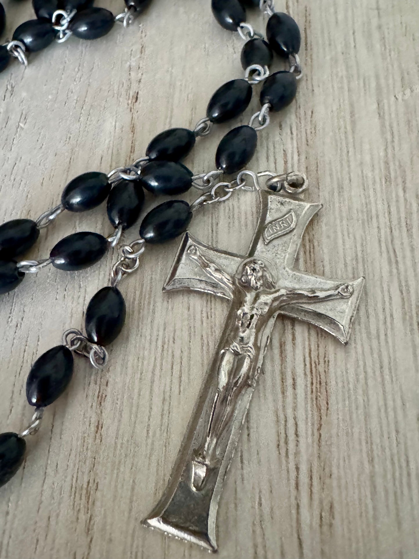 Black Bead Rosary with Silver Crucifix and Center