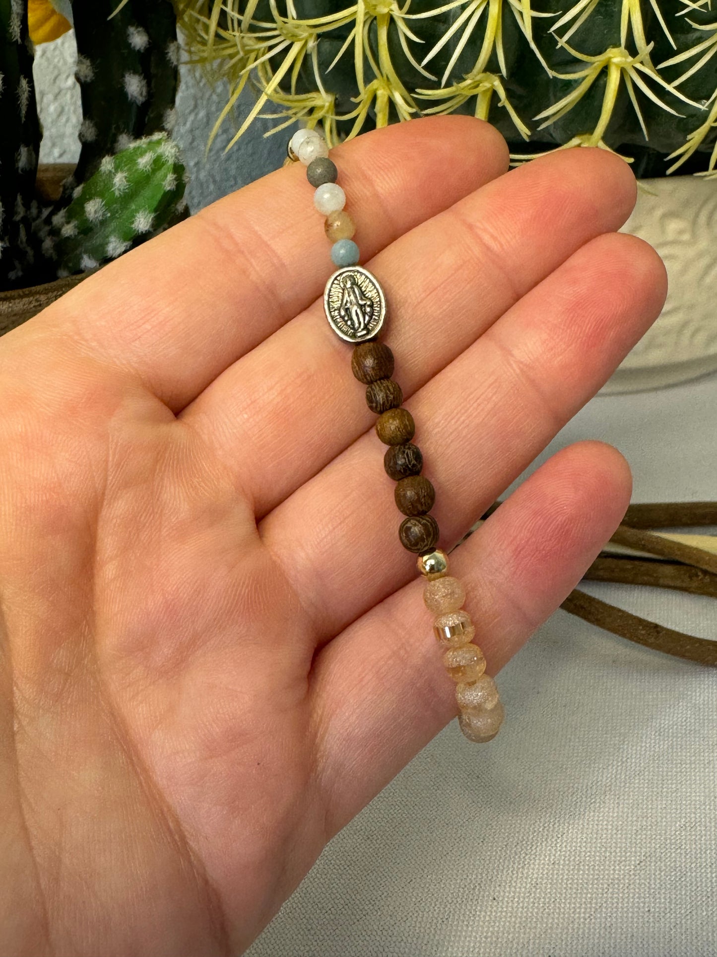 Multicolored, Wood Sparkel Miraculous Medal Strech Bracelet