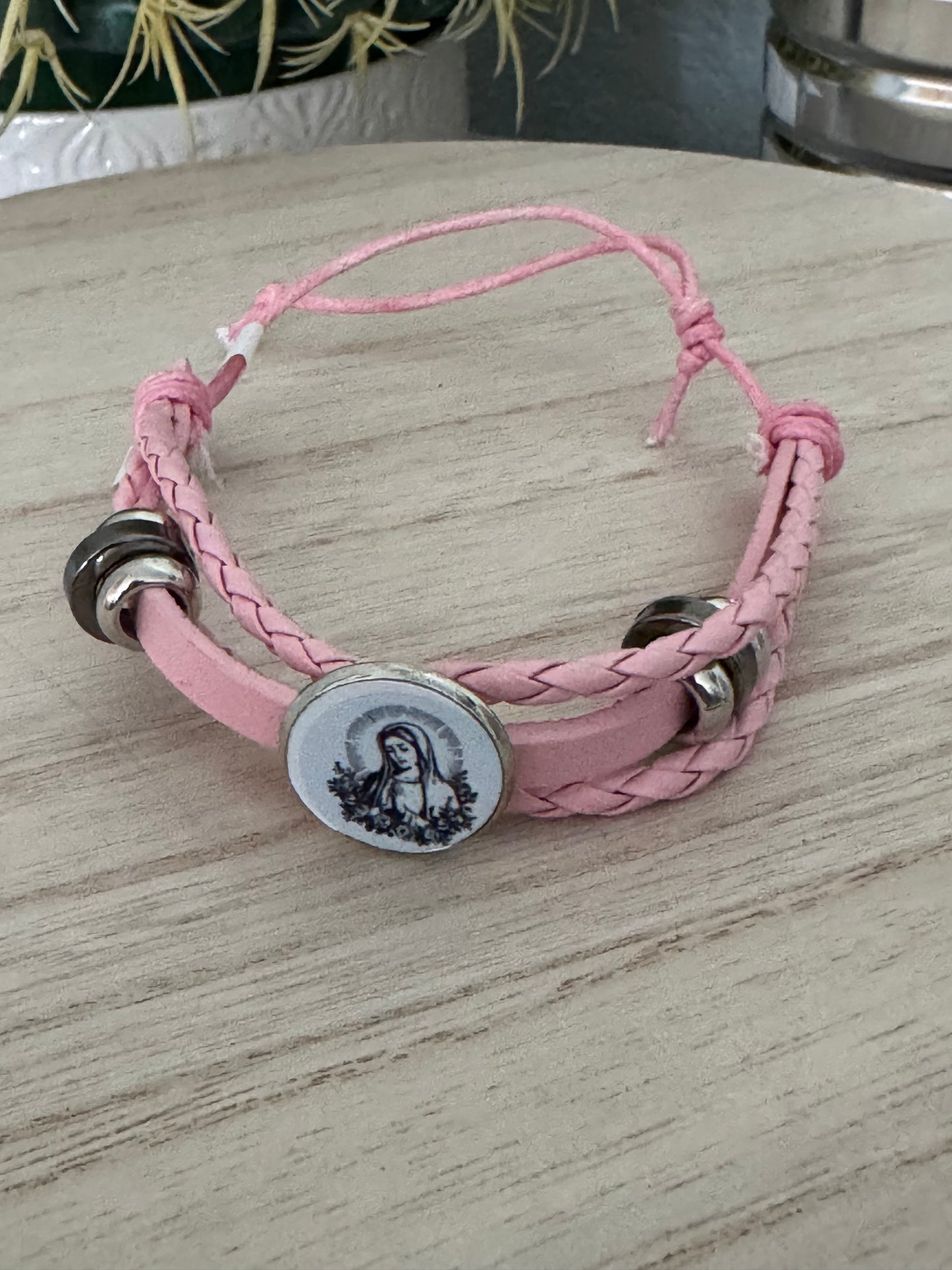 Faith-Inspired Braided Faux Leather Bracelet – Adjustable & Stylish - Pink