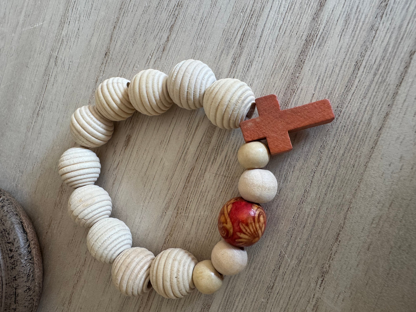 10mm Ribbed Wooden Bead Rosary Bracelet with Red Wooden Cross