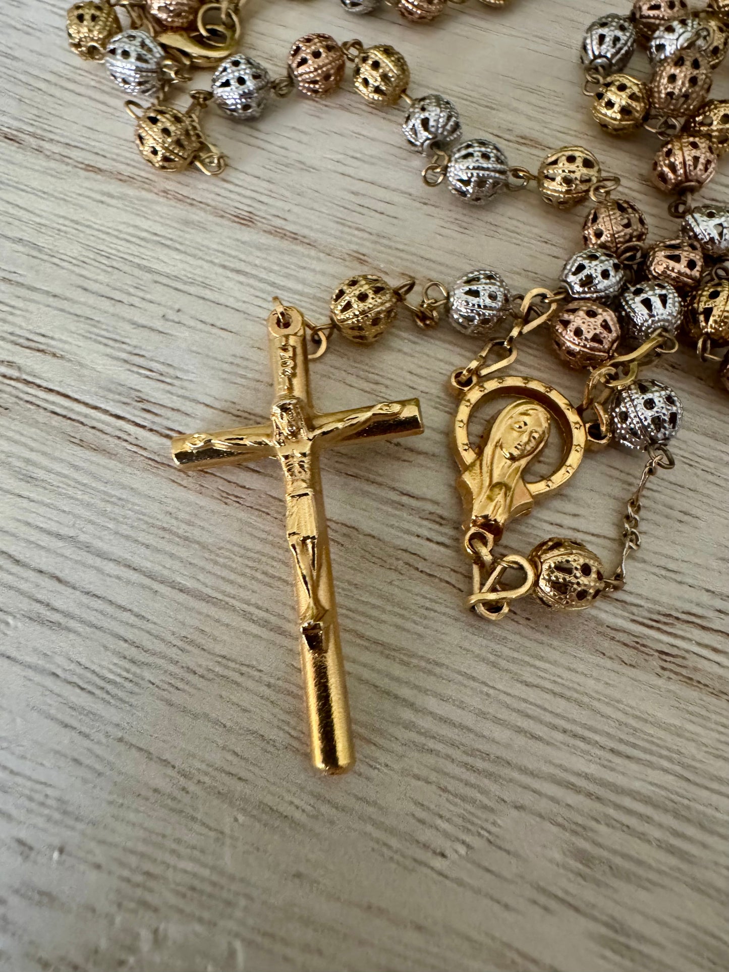 Delicate Silver & Gold Rosary – Textured Metal Beads