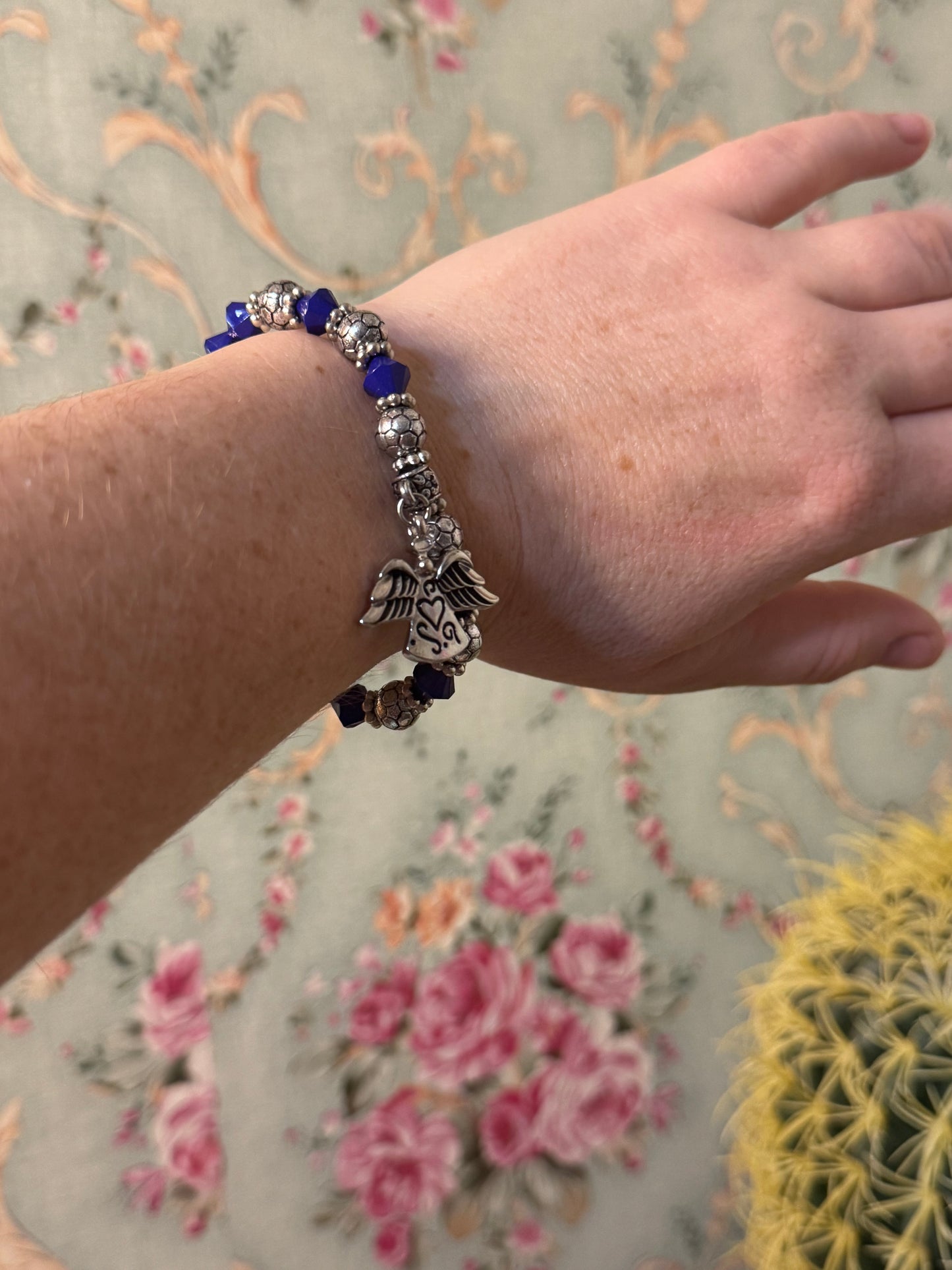 Heavenly Protection Stretch Bracelet – Silver & Blue with Angel Charm
