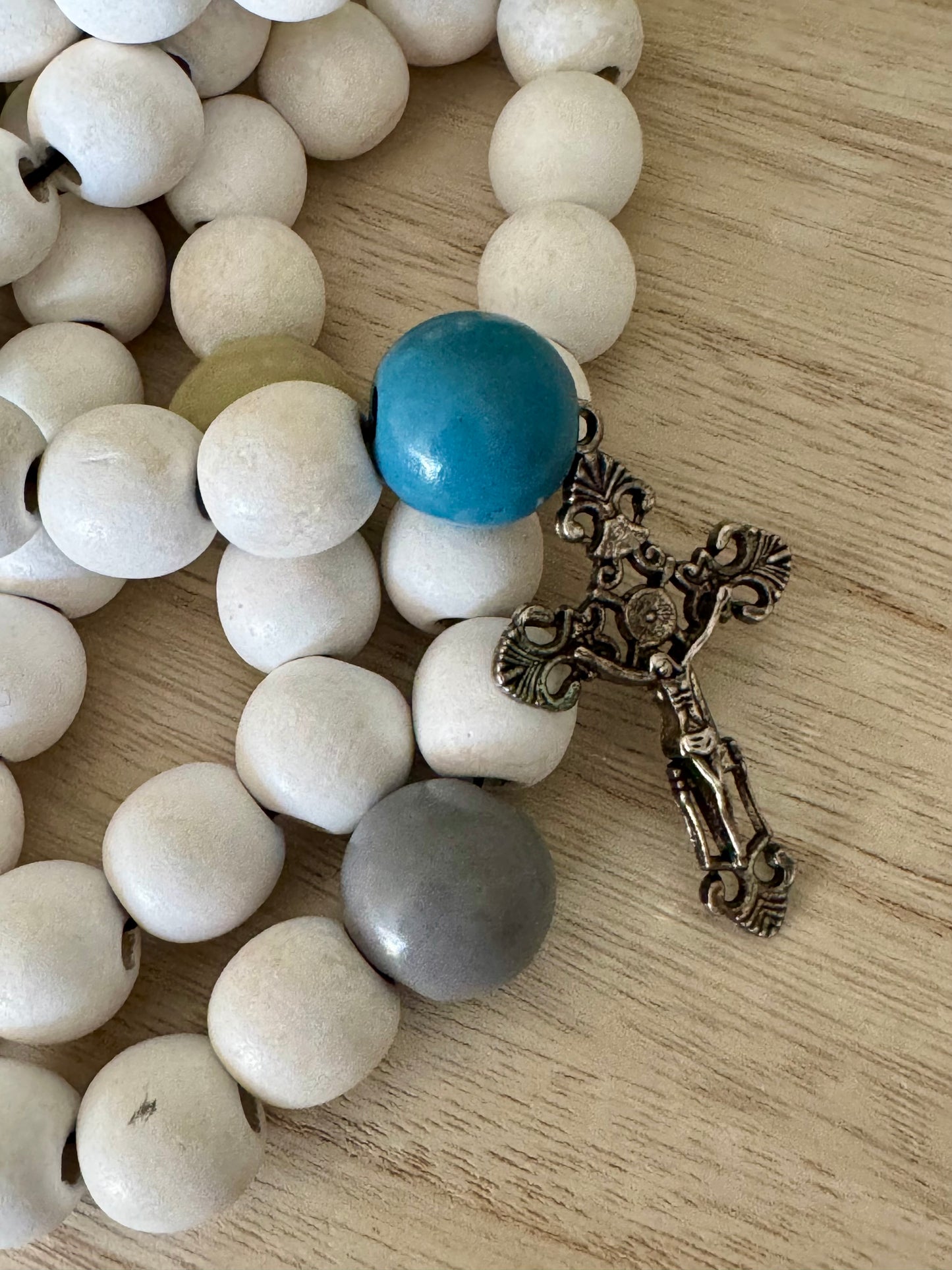 Chunky Handmade White Wood Bead Rosary – Decorative Blue, Grey & Green Accents | Heirloom Style