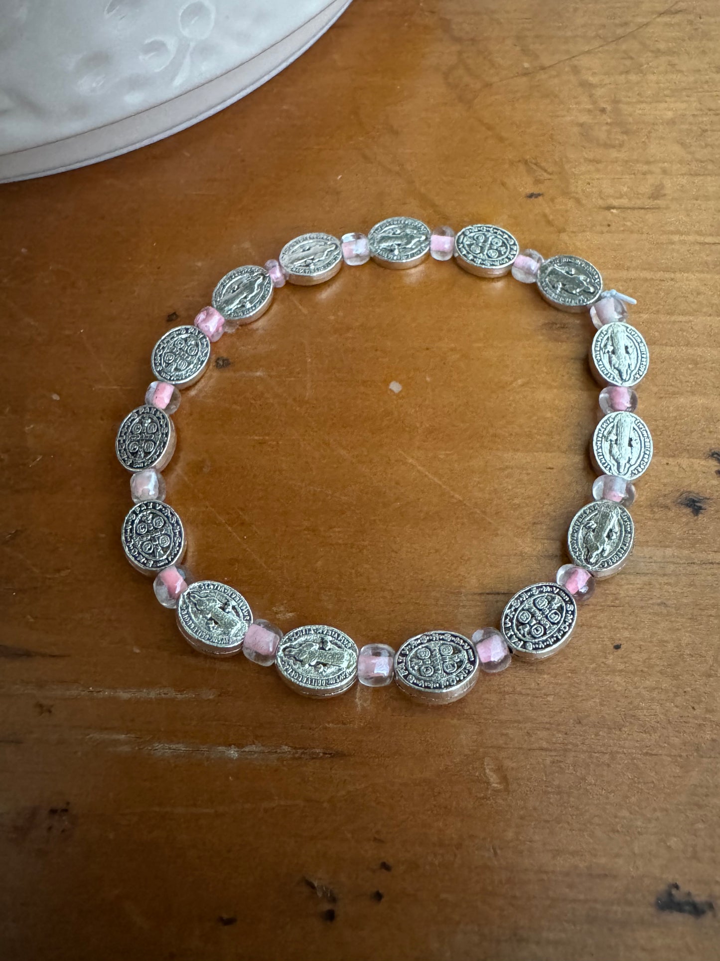Handmade St. Benedict Bracelet with Pink Spacers & Medal Beads