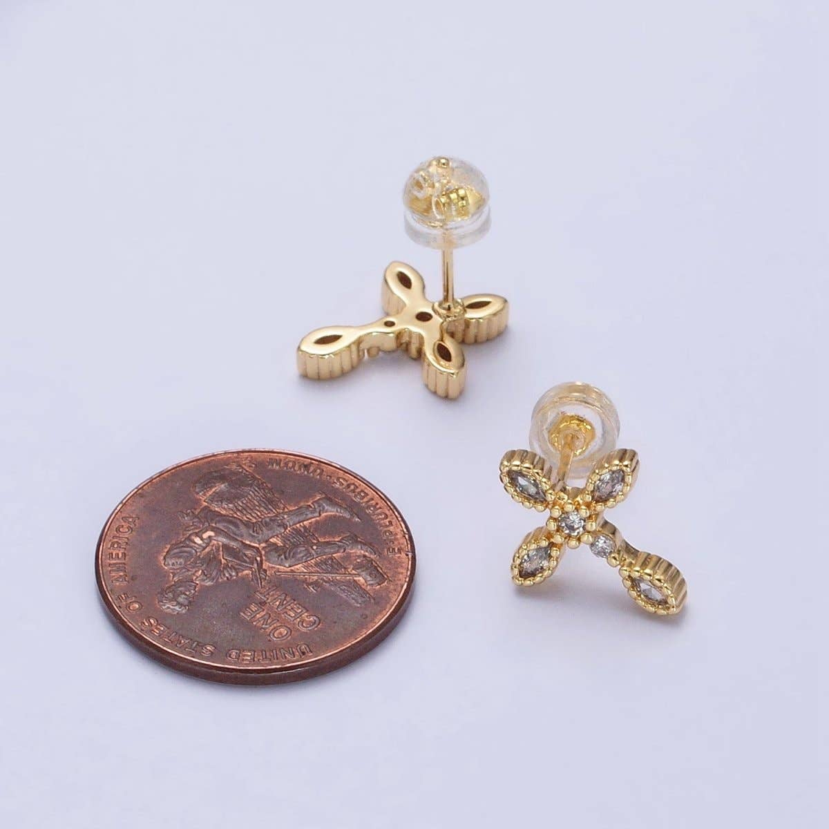 Gold Marquise CZ Religious Cross Stud Earrings