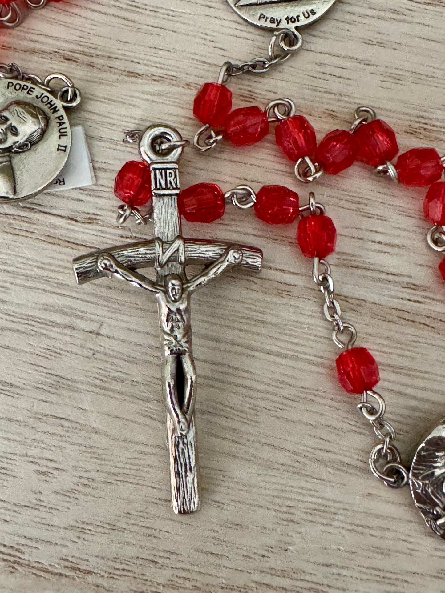 Red Plastic Bead Rosary – Pope John Paul II & Immaculate Conception