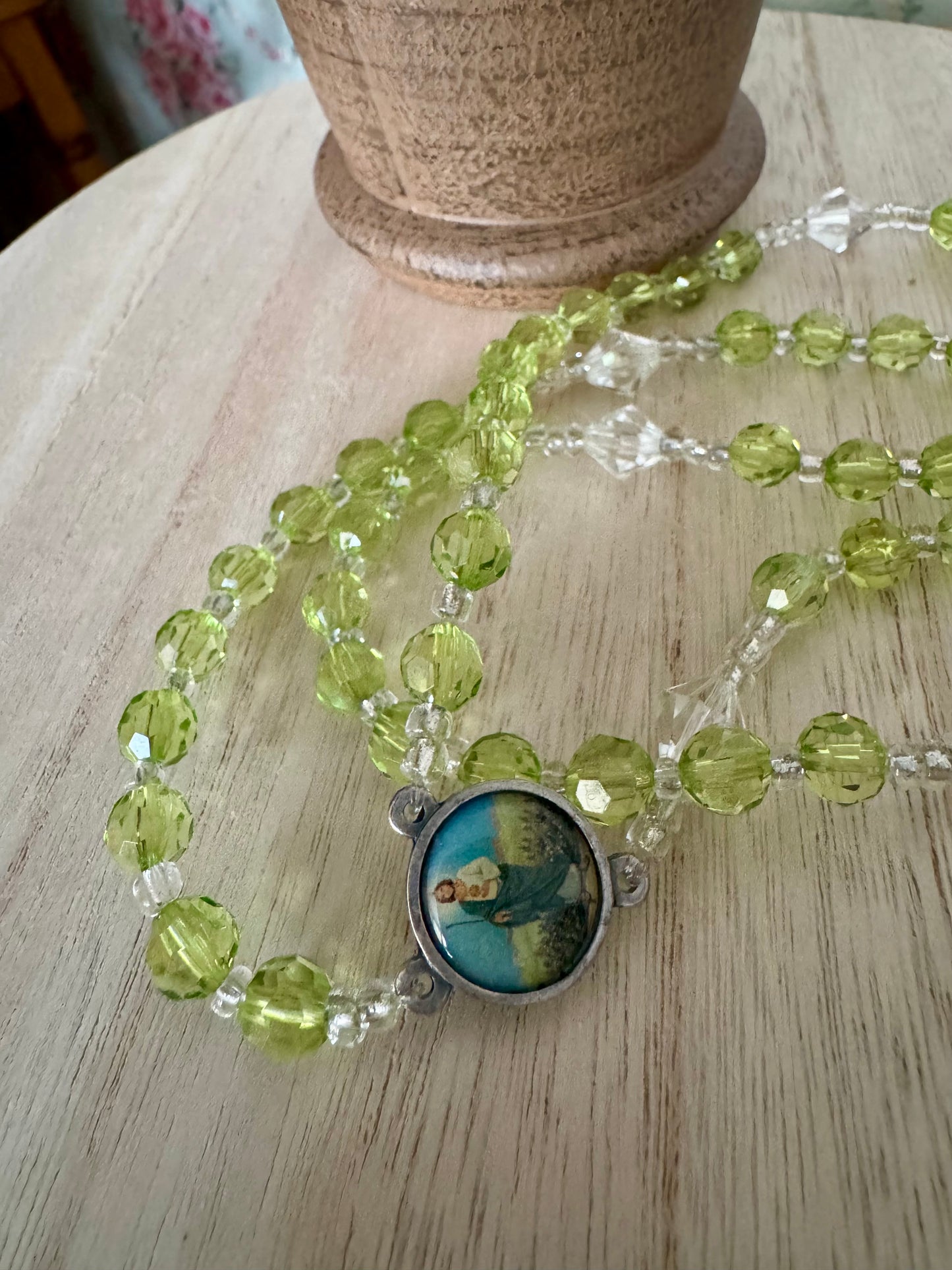 Handmade Green Crystal-Like Bead Rosary with St. Jude Center – 18 Inches
