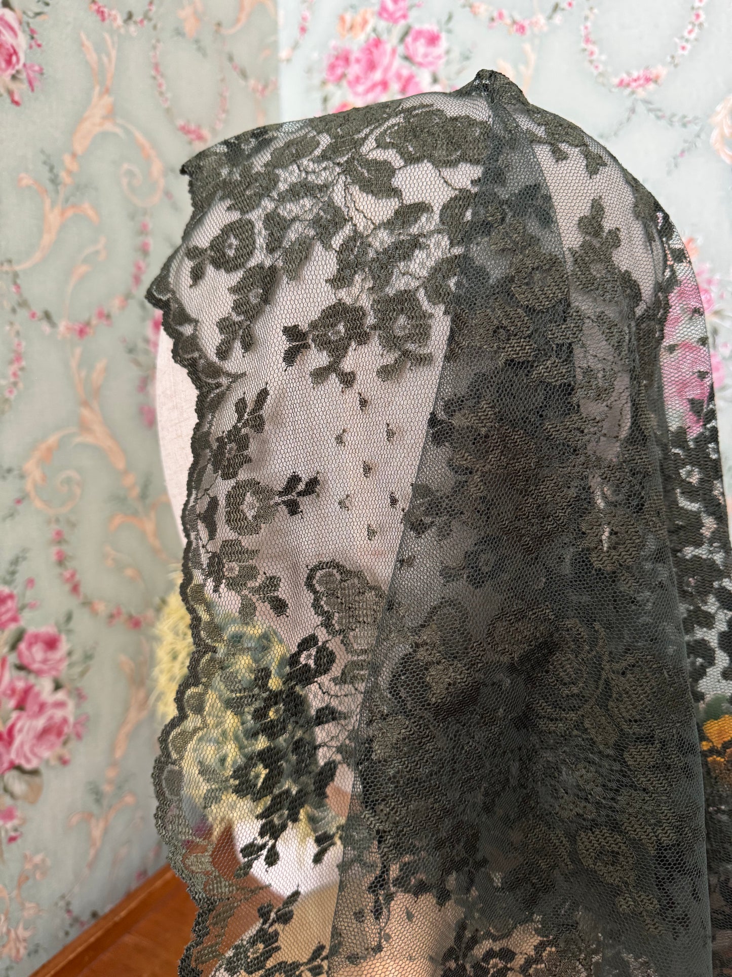 Green Olive Mantilla • Perfect for Ordinary Time or Christmas • Lace with Clip • 22" x 29"
