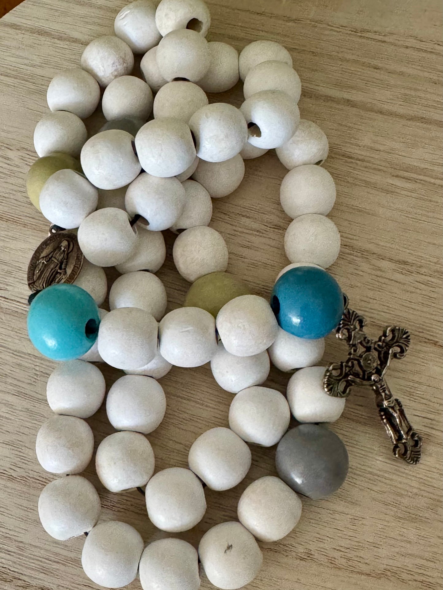 Chunky Handmade White Wood Bead Rosary – Decorative Blue, Grey & Green Accents | Heirloom Style