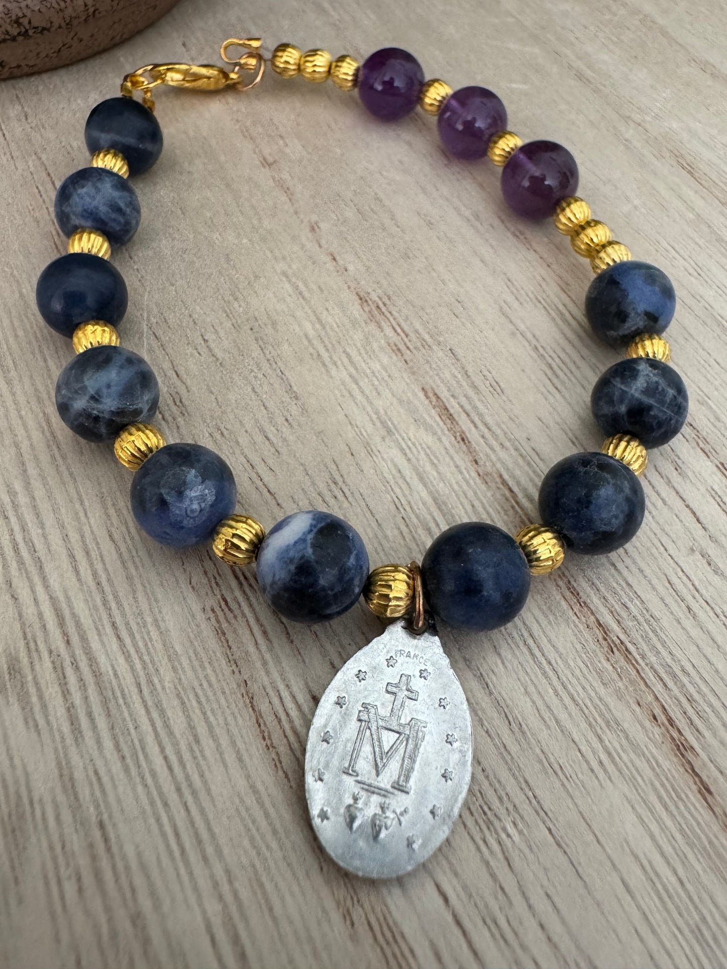 Handmade Blue & Purple Gemstone Bracelet with Vintage Miraculous Medal – 8 Inches