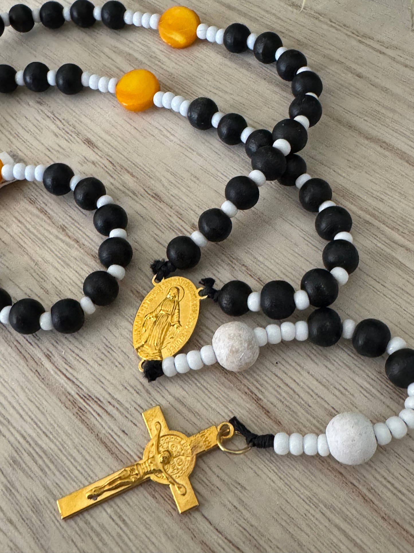 Handmade Black, White & Yellow Rosary – One-of-a-Kind Design!