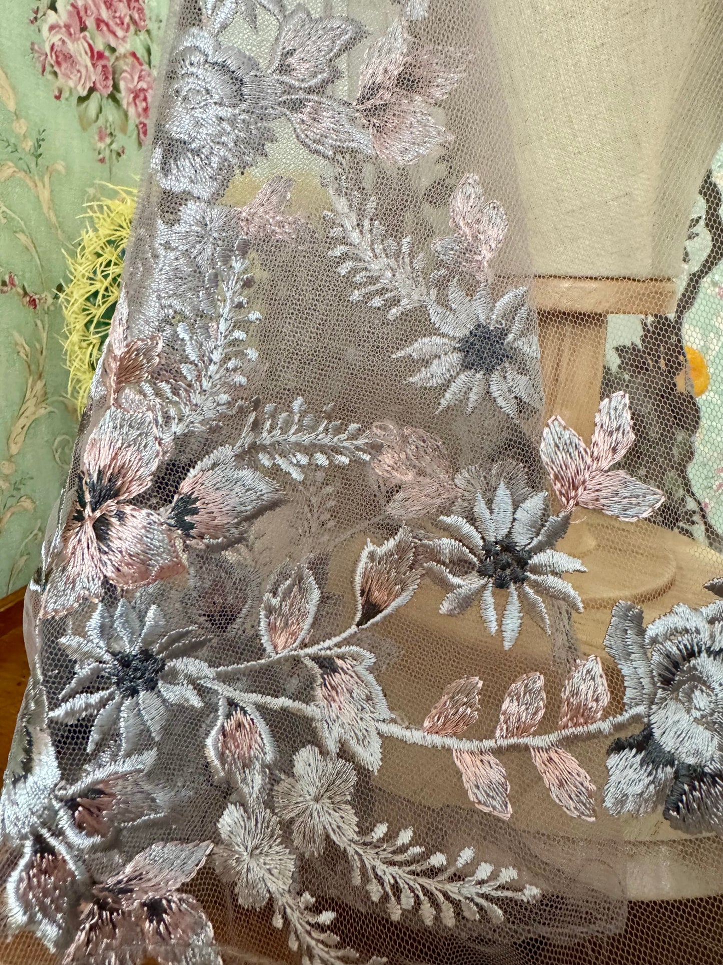 Mary’s Garden Mantilla • Limited Edition • Beautiful Blue & Pink Floral Embroidery • With Clips