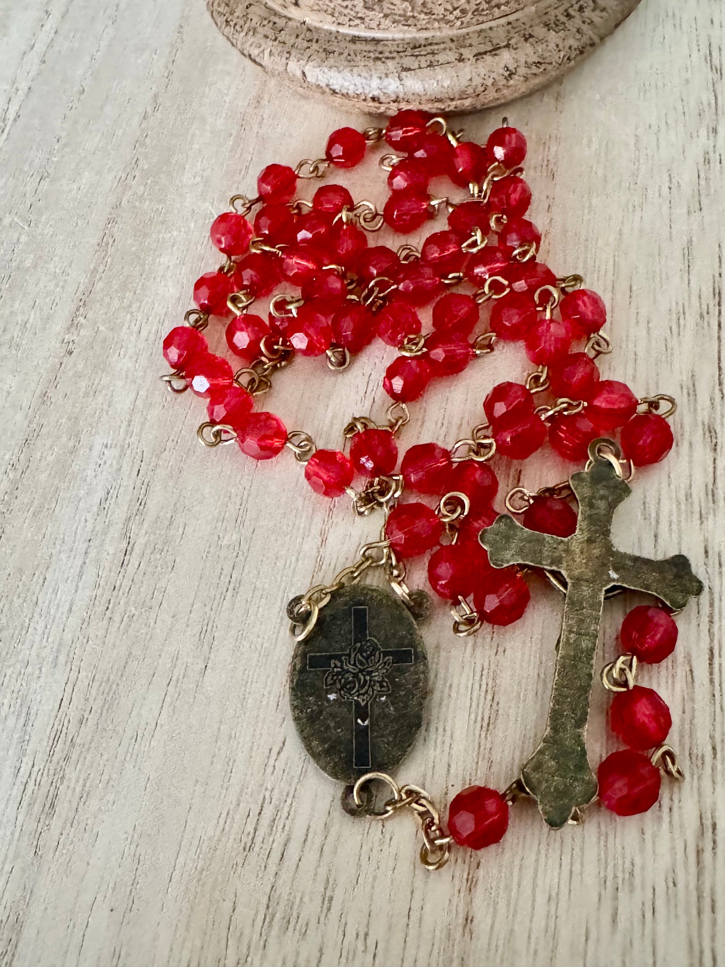 Red Plastic Bead Rosary with Gold-Bronze Accents – St. Therese of Lisieux – 21 Inches