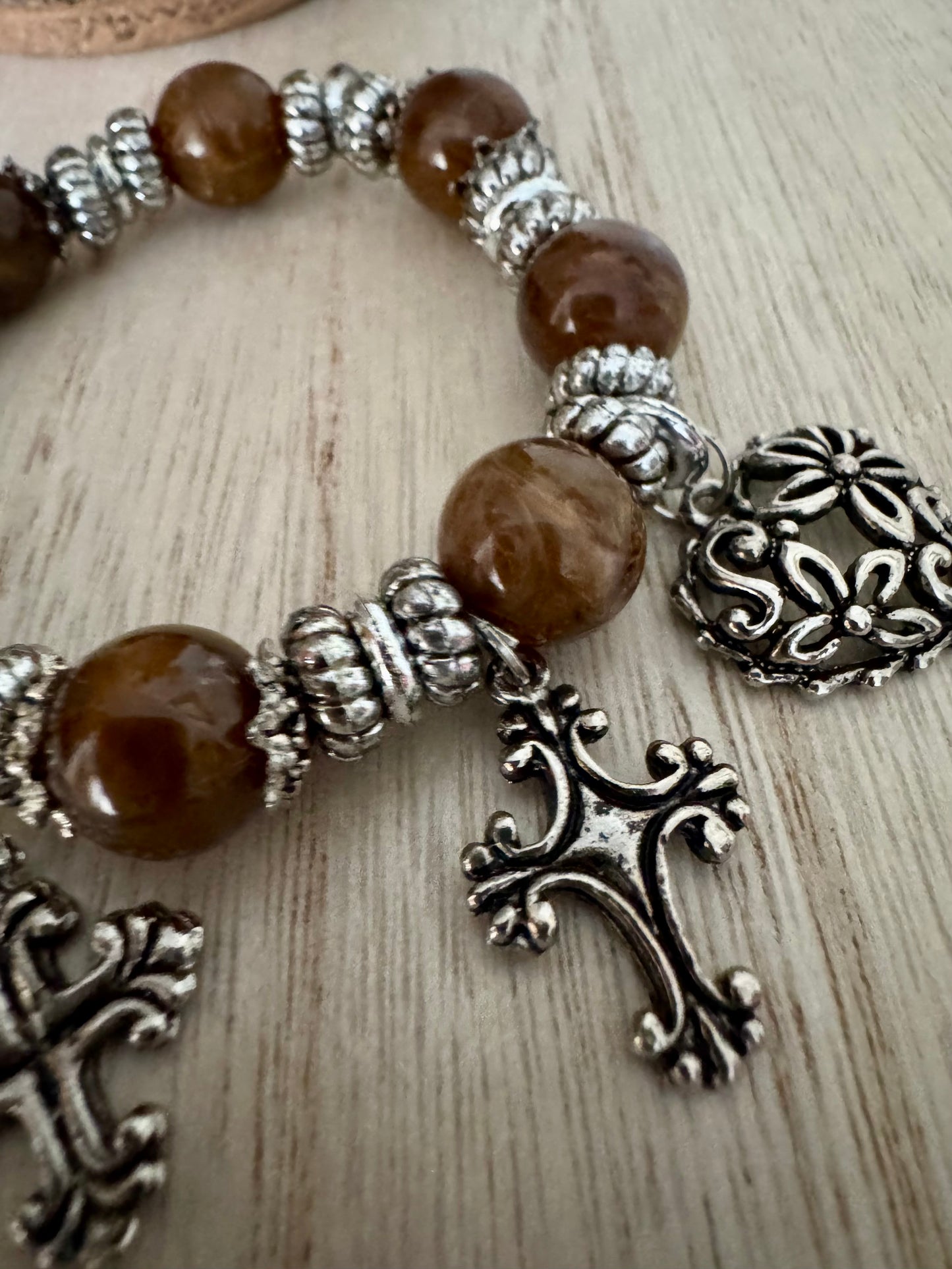 Auburn 10mm Beaded Stretch Bracelet with Silver Accents & Cross Charms