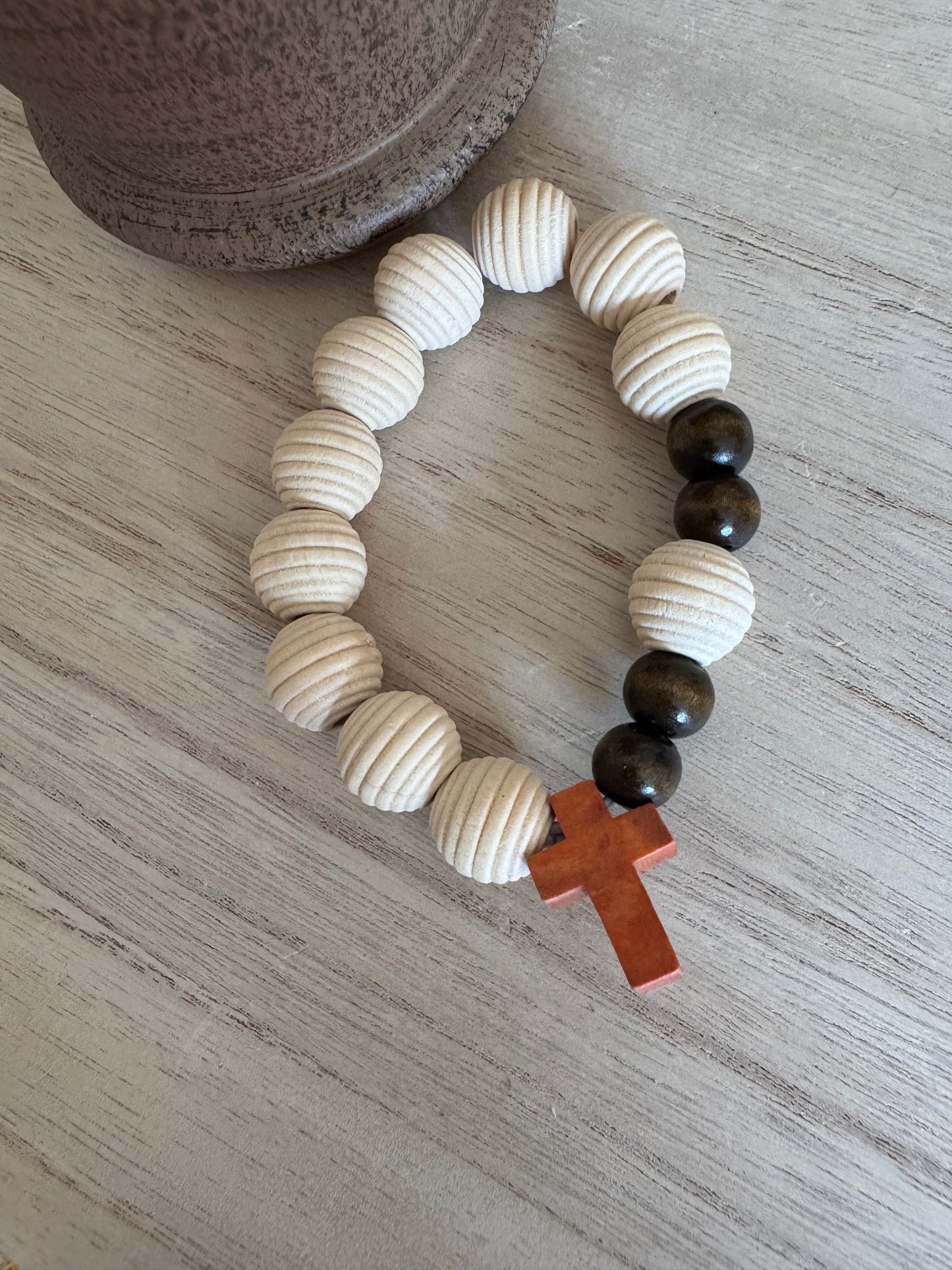 10mm Ribbed Wooden Bead Rosary Bracelet with Red Wooden Cross