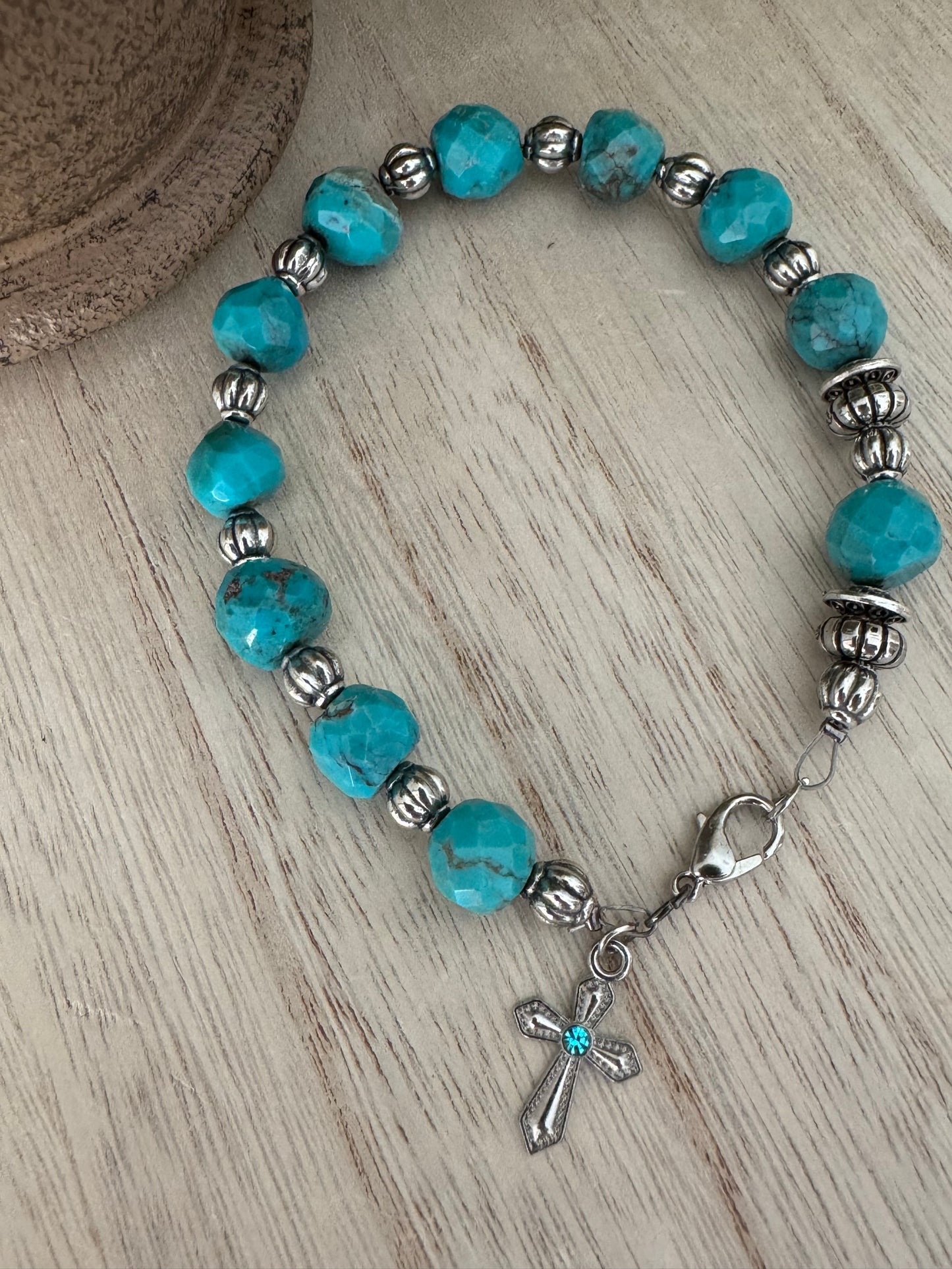 Handmade Rosary Bracelet – Blue & Teal Beads with Silver Cross Charm (8 Inches)