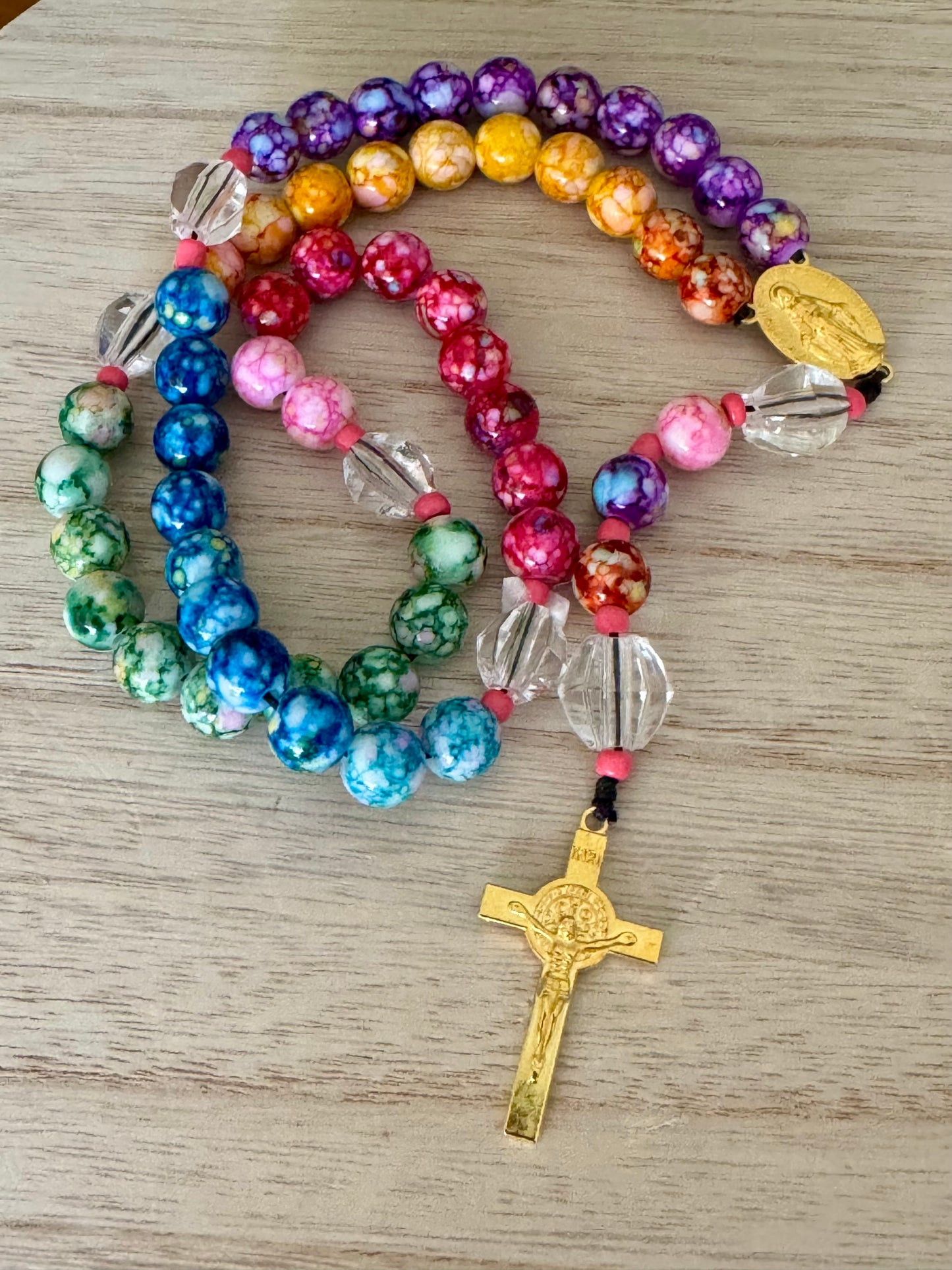 Handmade Multicolored Acrylic Bead Rosary – Marbled Blue, Green, Purple, Orange & Yellow