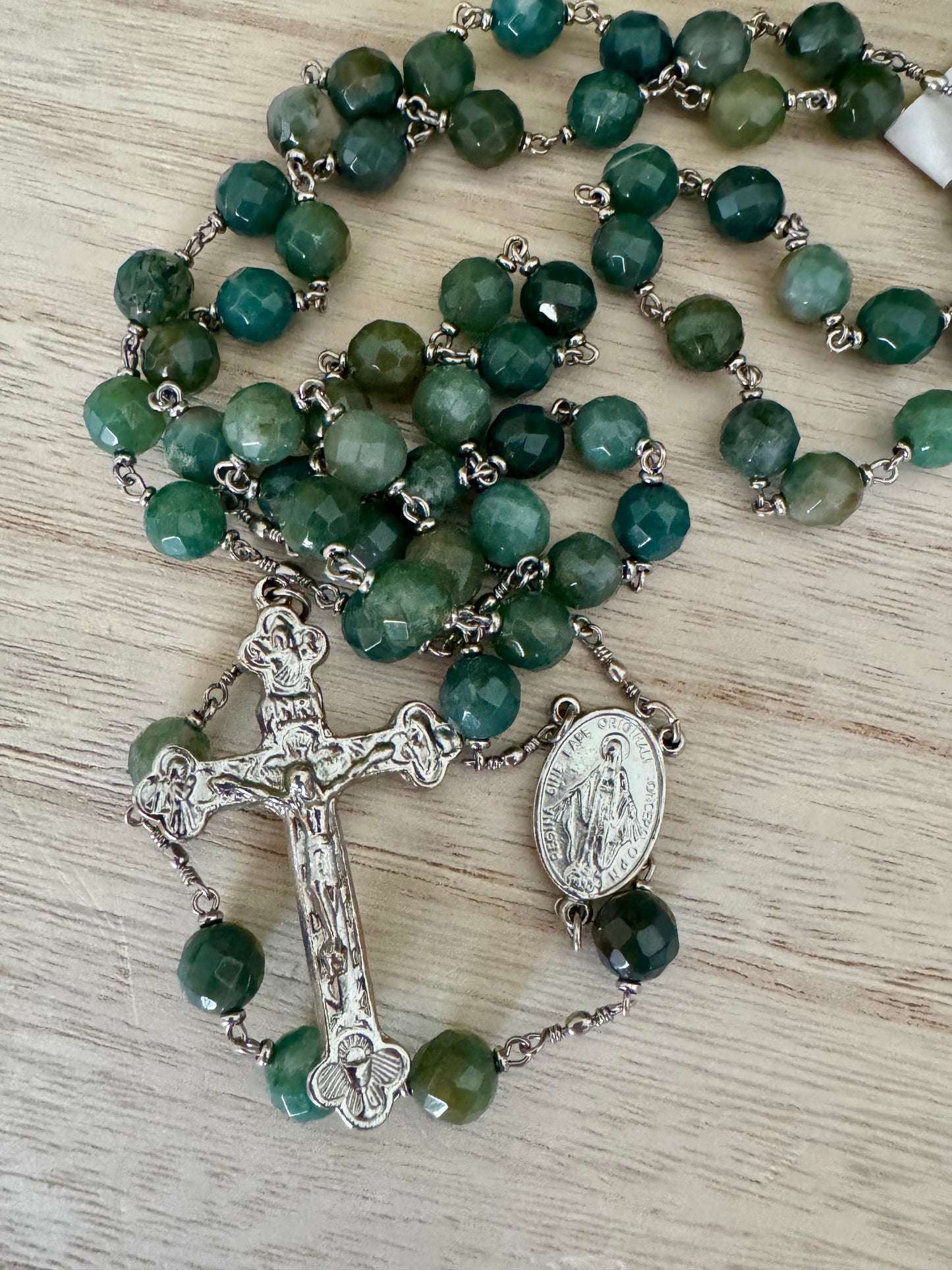 Green Catholic Rosary – Crystal-Like Beads | Silver Centerpiece & Crucifix