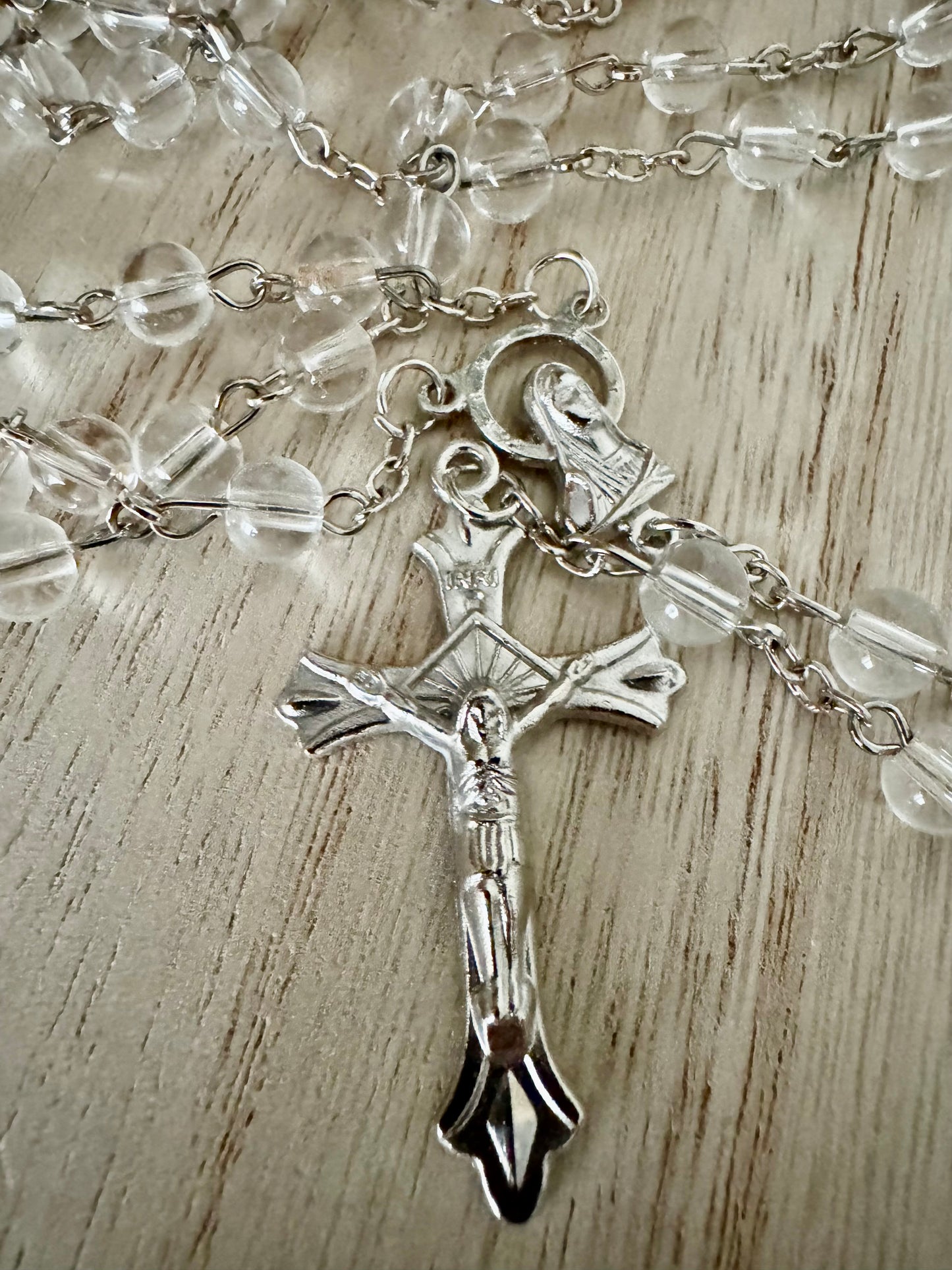 Plastic Clear Round Bead Rosary with Silver Accents – 20 Inches