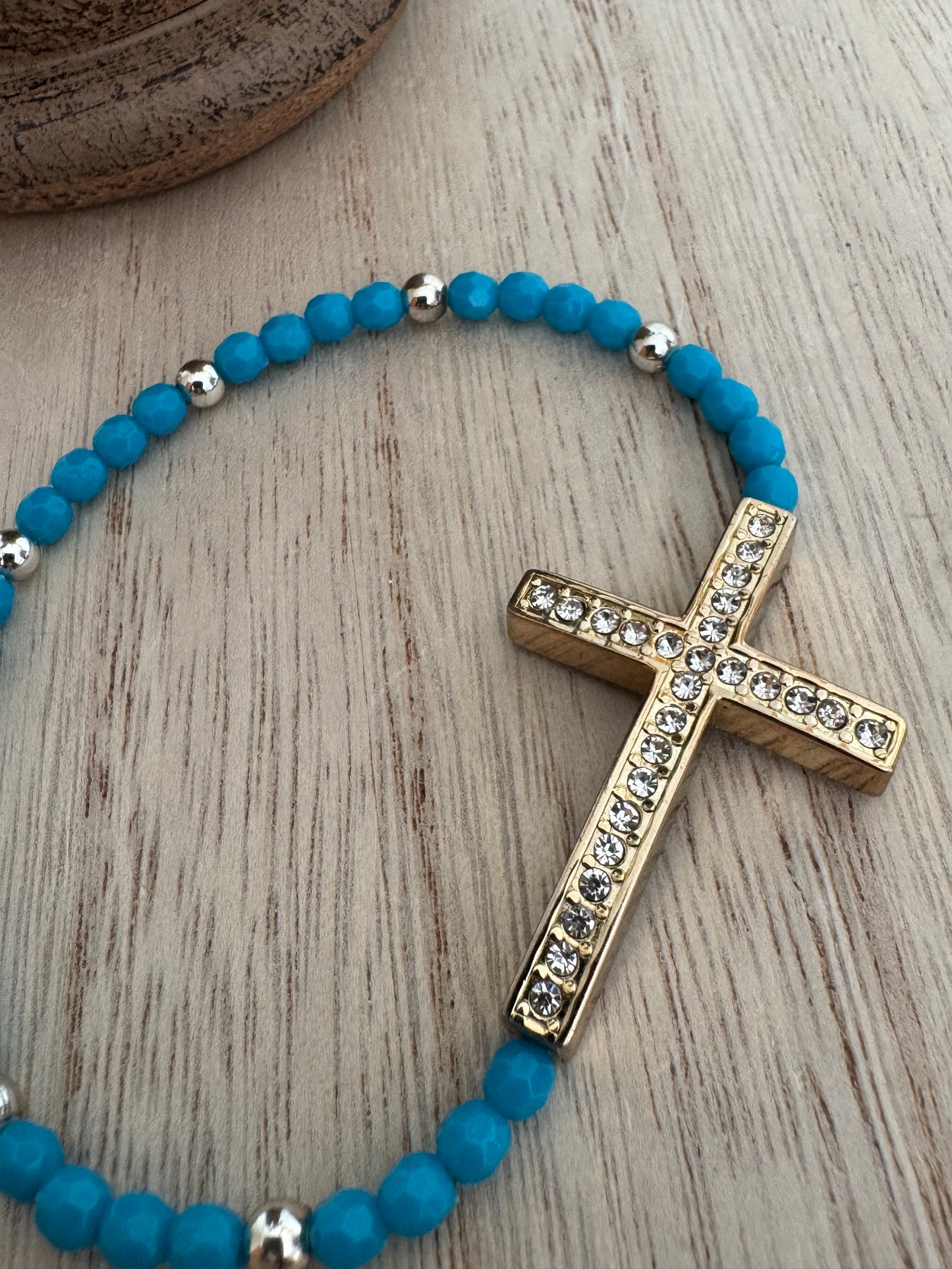Bright Blue Stretch Bracelet – Seed Beads with Gold Cross & Rhinestone Accents – Catholic Jewelry