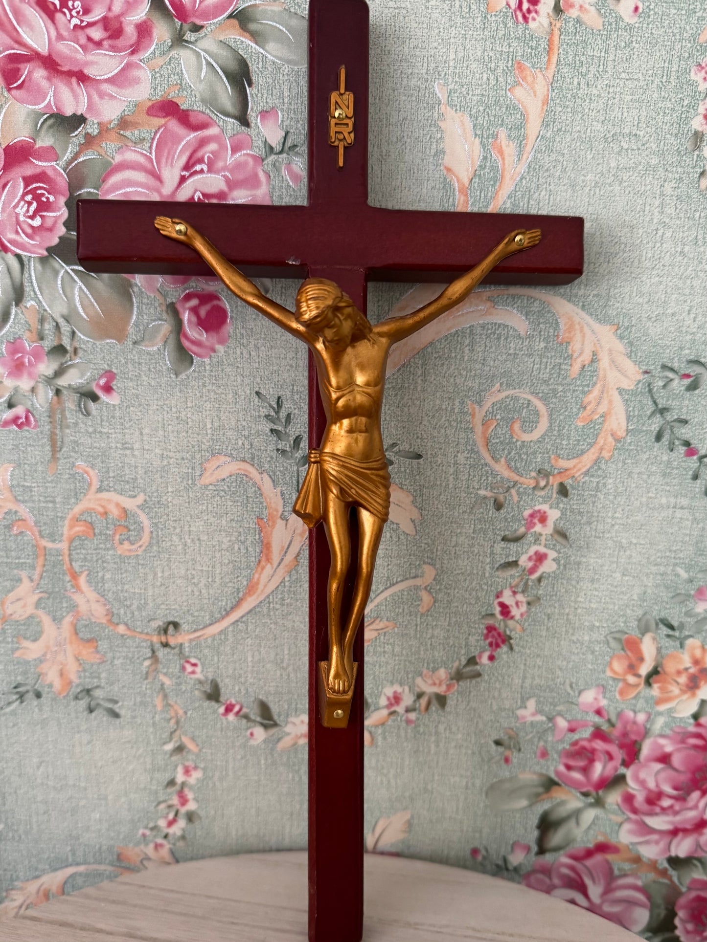 Lightweight Wall-Mount Crucifix | Red Wood Cross with Gold Plastic Corpus | 5.5" x 10"